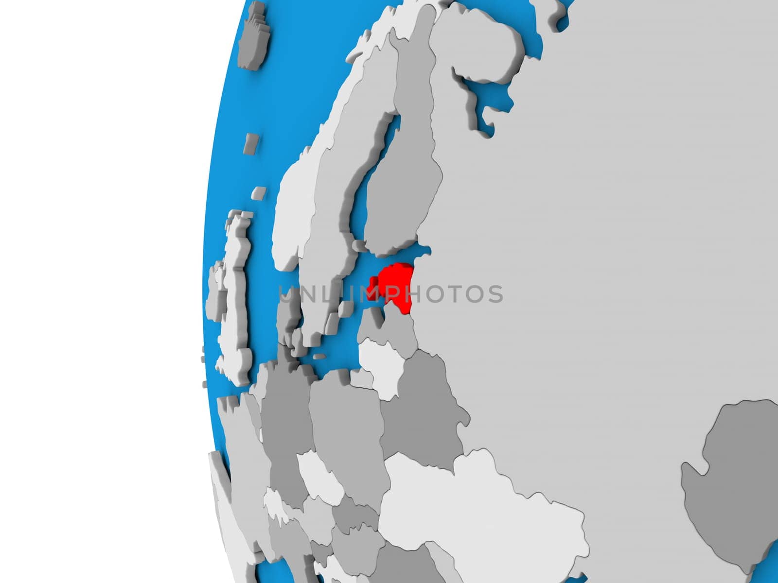 3D map of Estonia focused in red on simple globe. 3D illustration