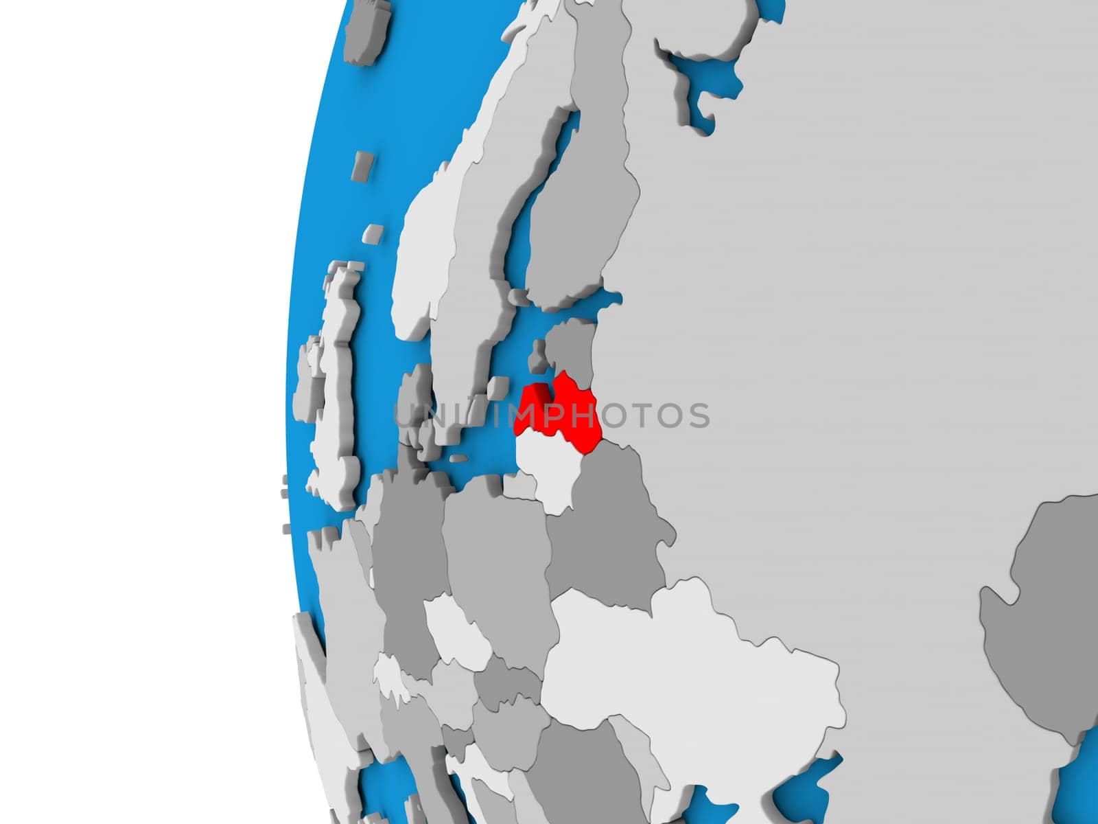 3D map of Latvia focused in red on simple globe. 3D illustration