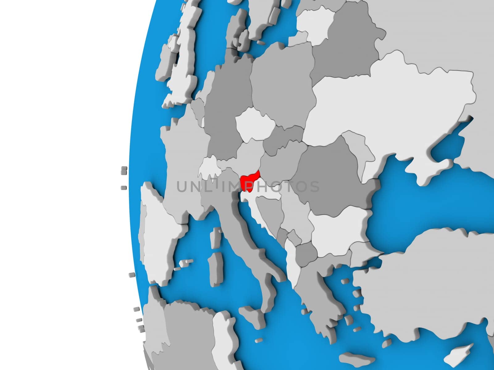3D map of Slovenia focused in red on simple globe. 3D illustration