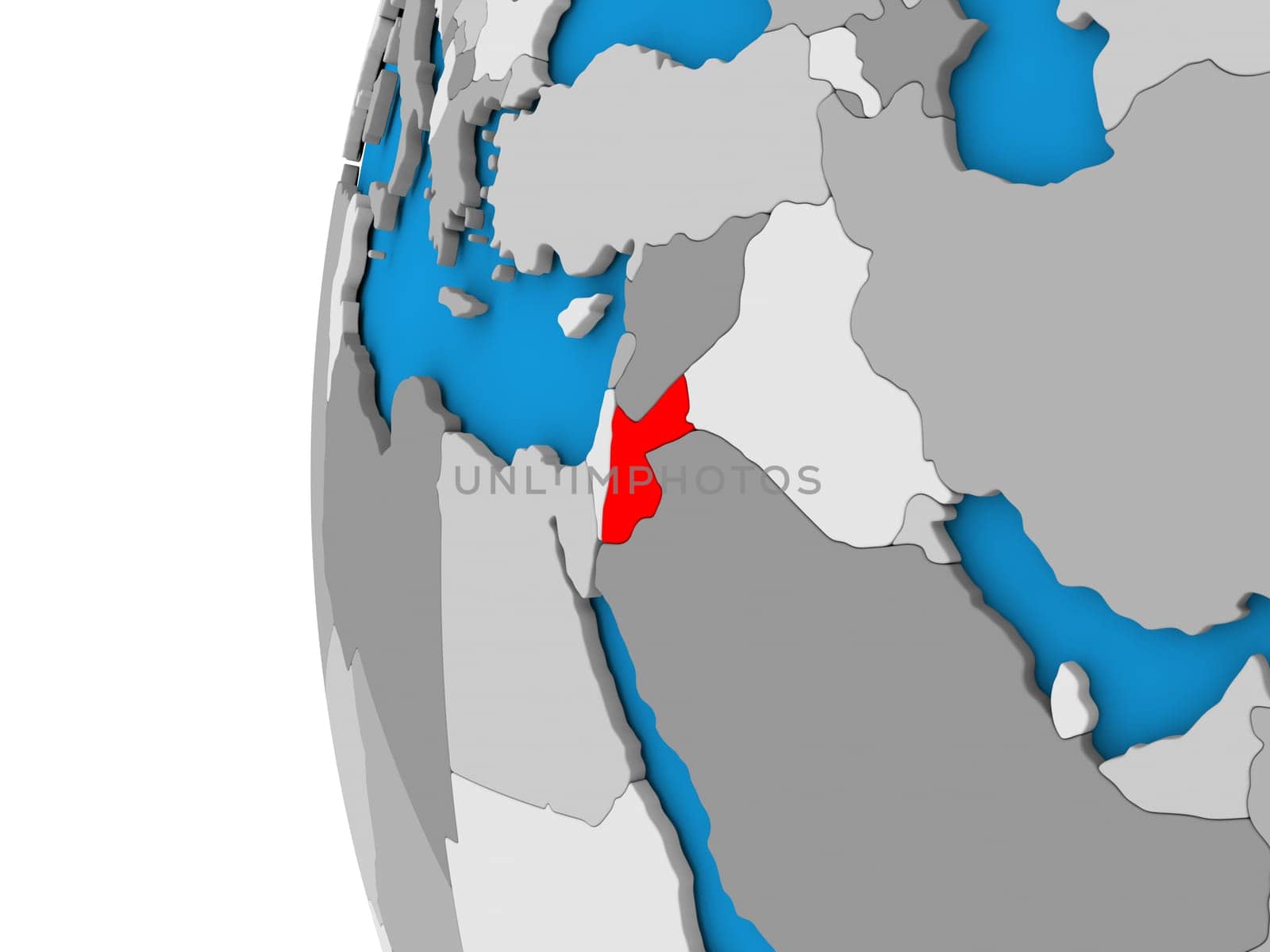 3D map of Jordan focused in red on simple globe. 3D illustration
