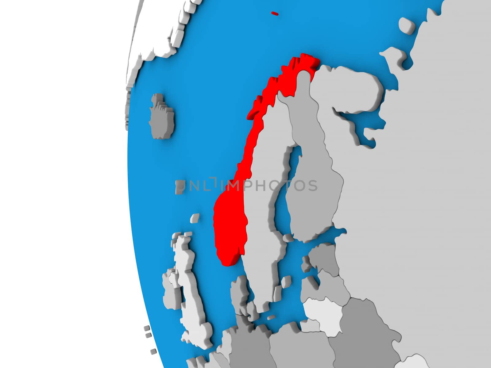3D map of Norway focused in red on simple globe. 3D illustration
