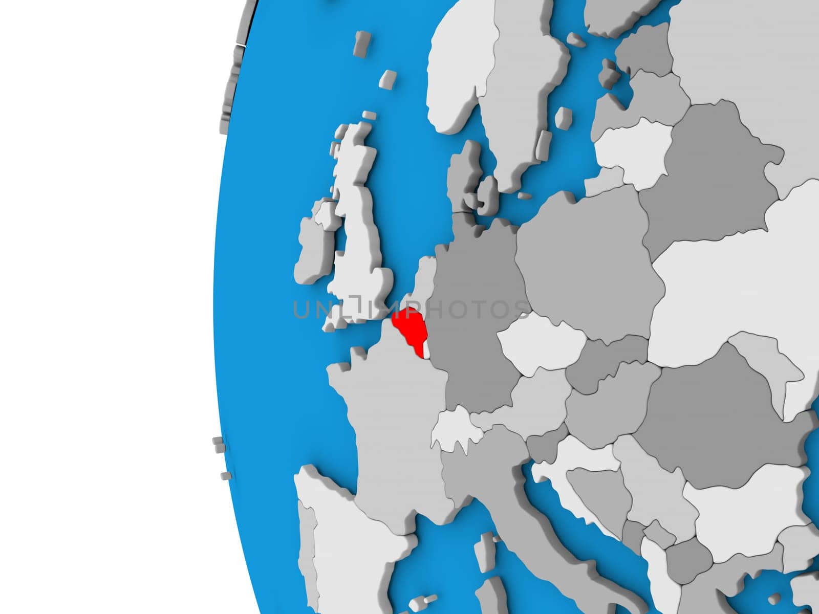 3D map of Belgium focused in red on simple globe. 3D illustration