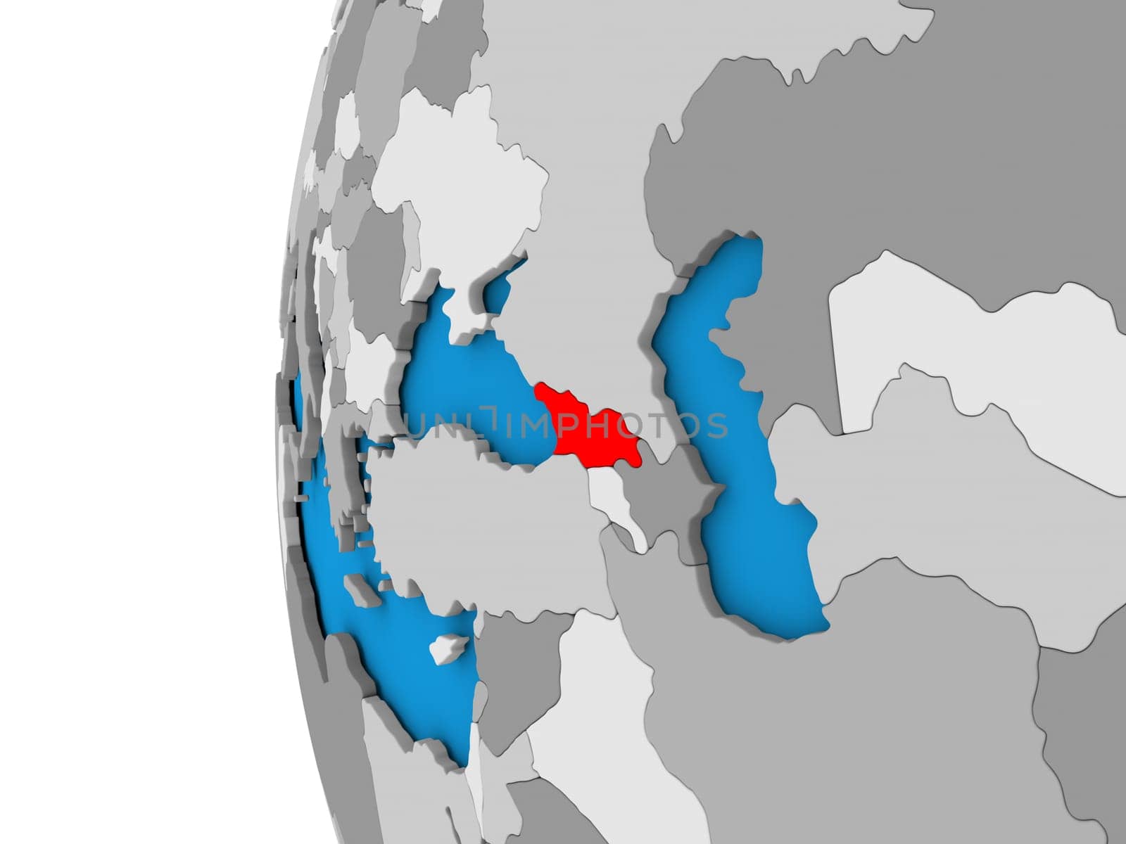 3D map of Georgia focused in red on simple globe. 3D illustration