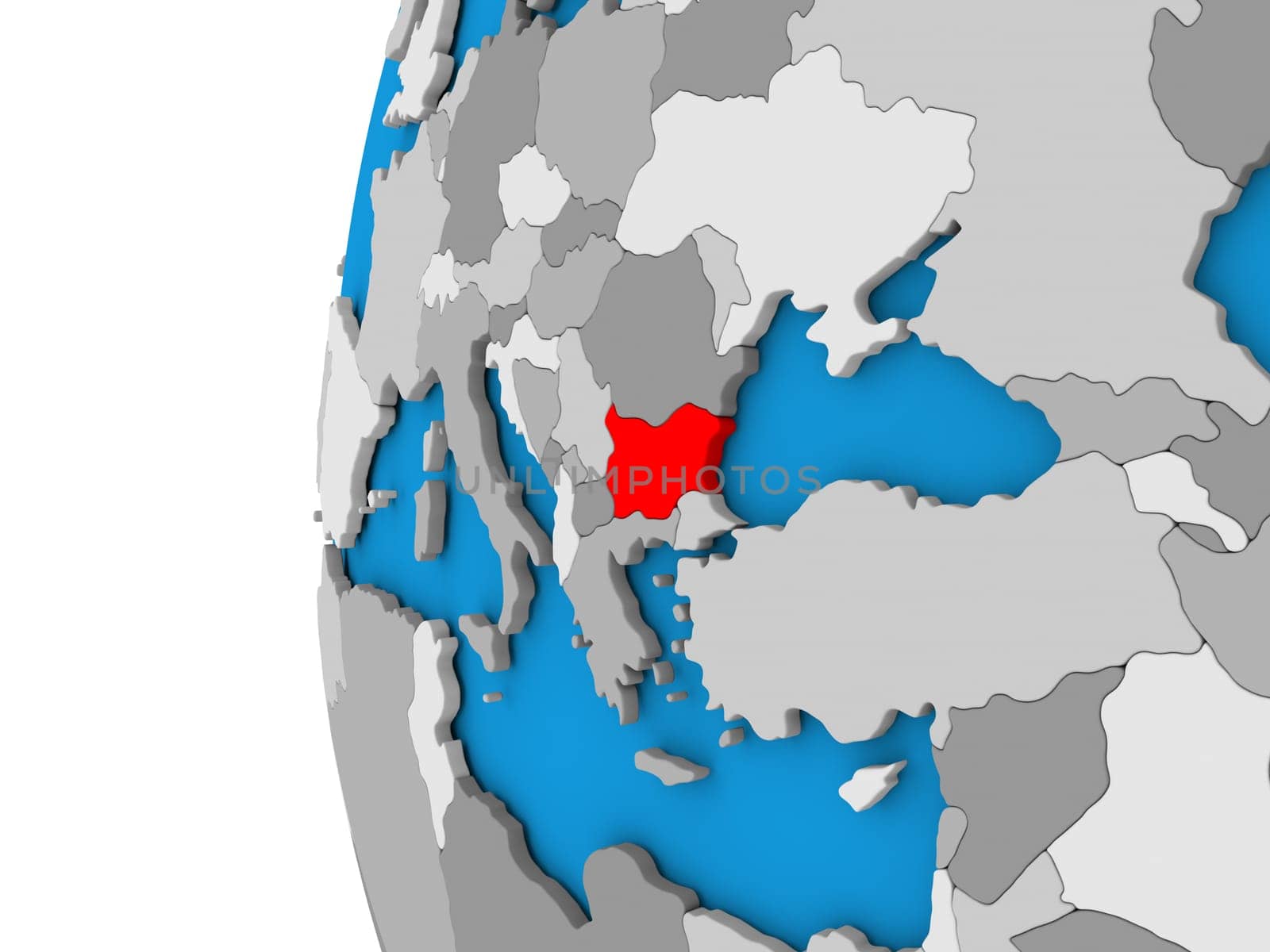 3D map of Bulgaria focused in red on simple globe. 3D illustration