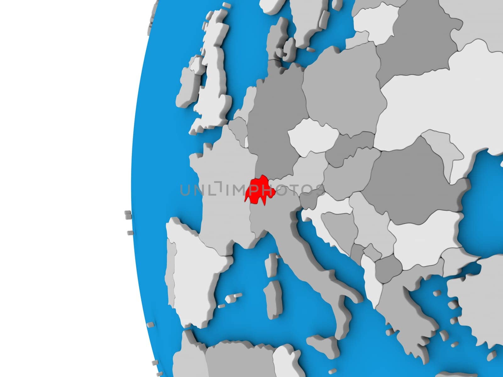 3D map of Switzerland focused in red on simple globe. 3D illustration