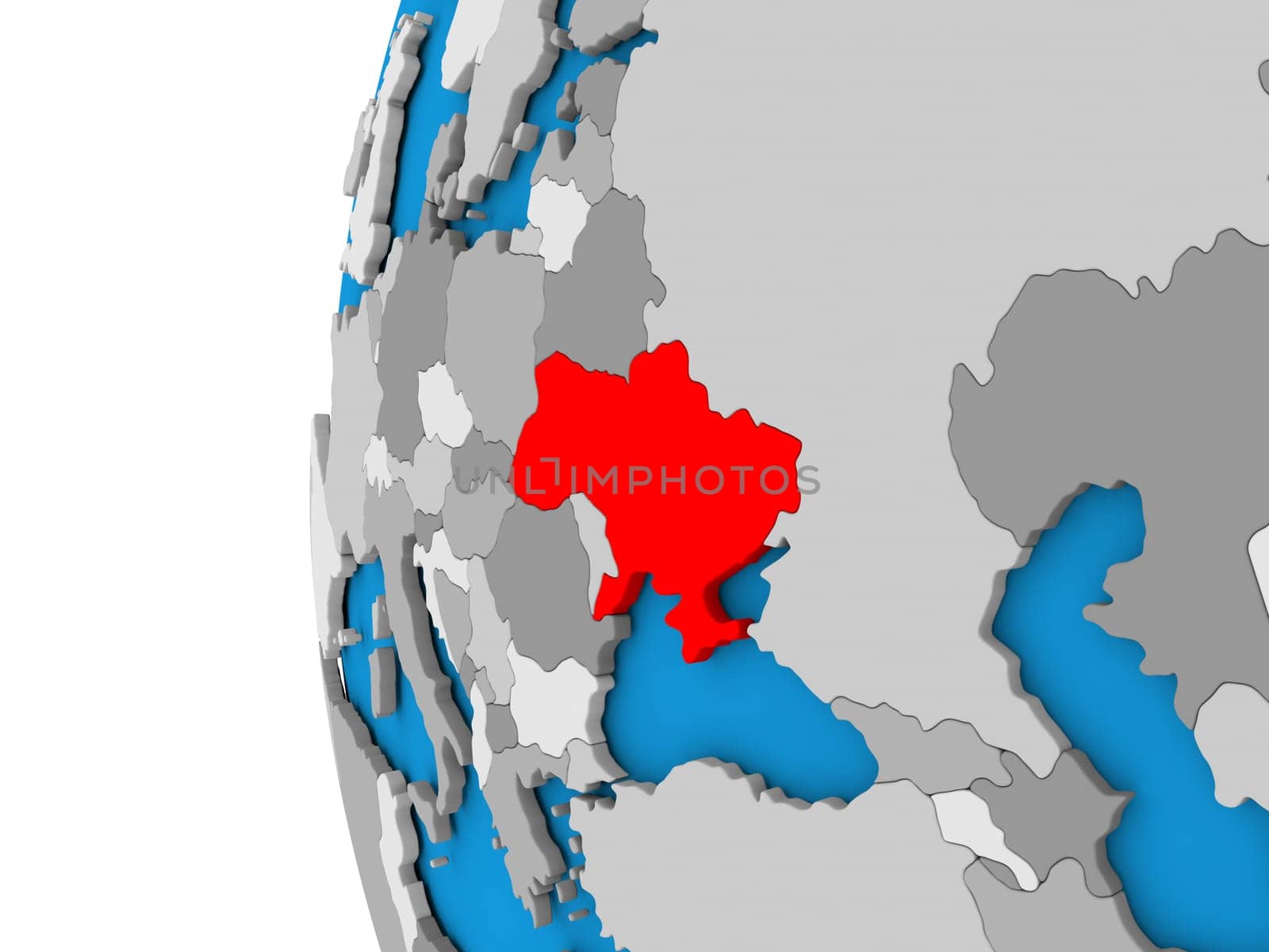 3D map of Ukraine focused in red on simple globe. 3D illustration