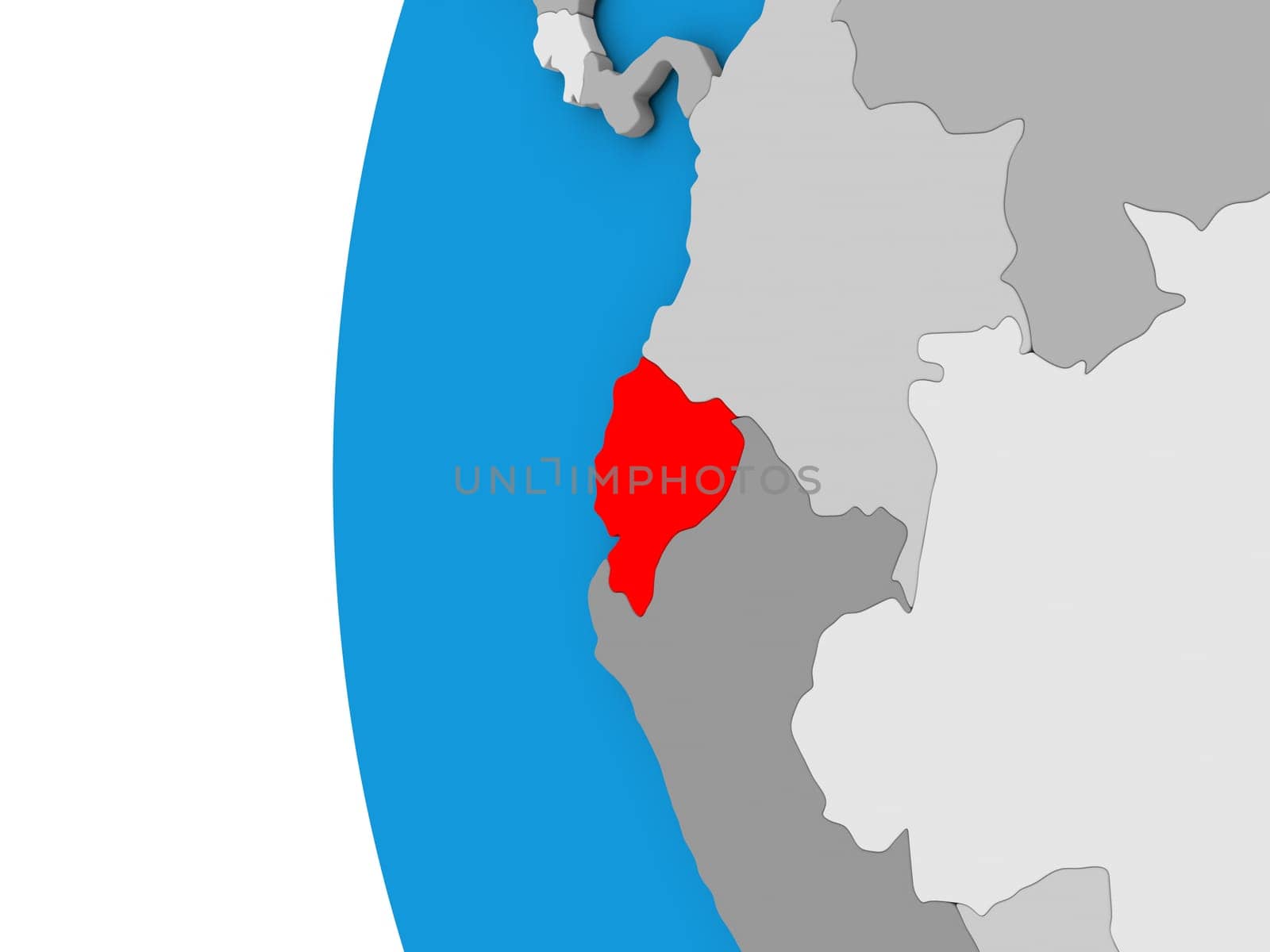 3D map of Ecuador focused in red on simple globe. 3D illustration