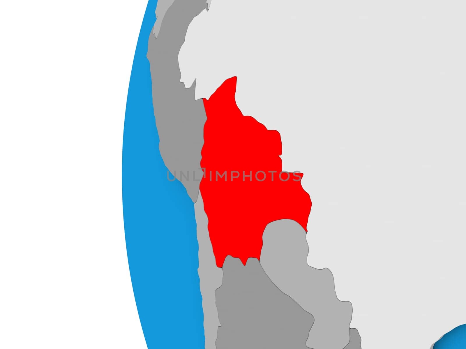 3D map of Bolivia focused in red on simple globe. 3D illustration