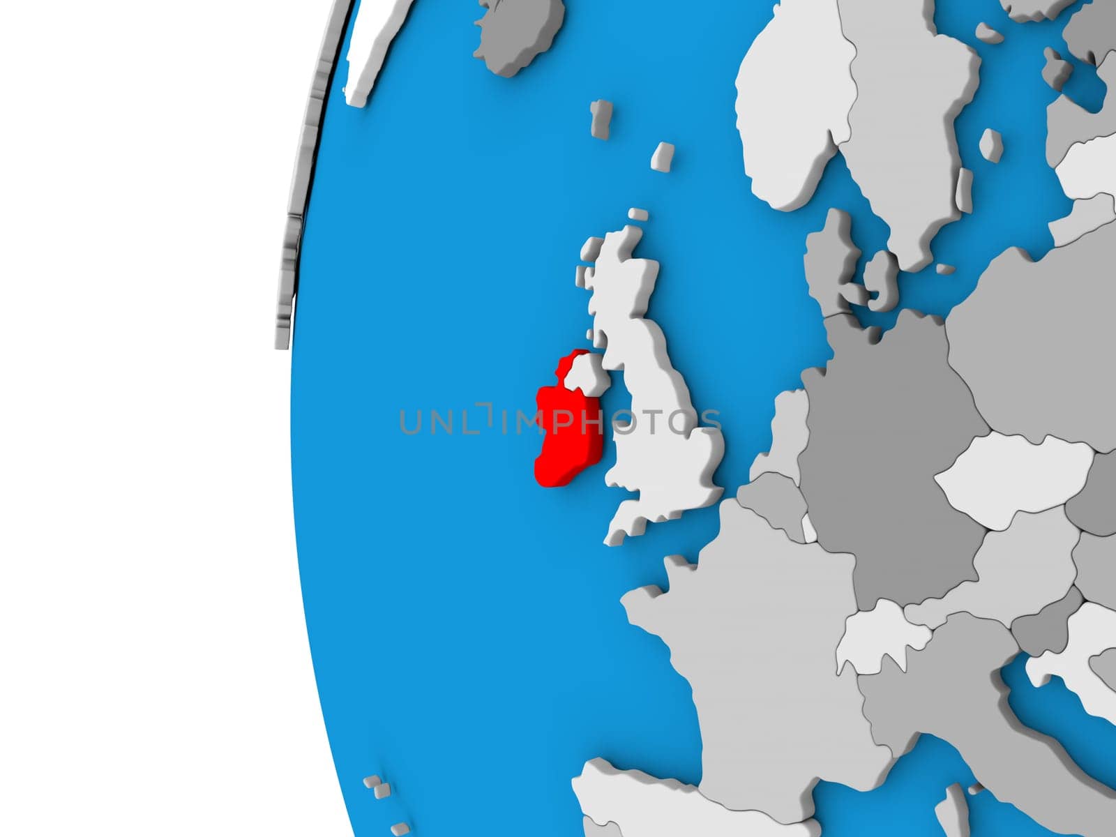 3D map of Ireland focused in red on simple globe. 3D illustration