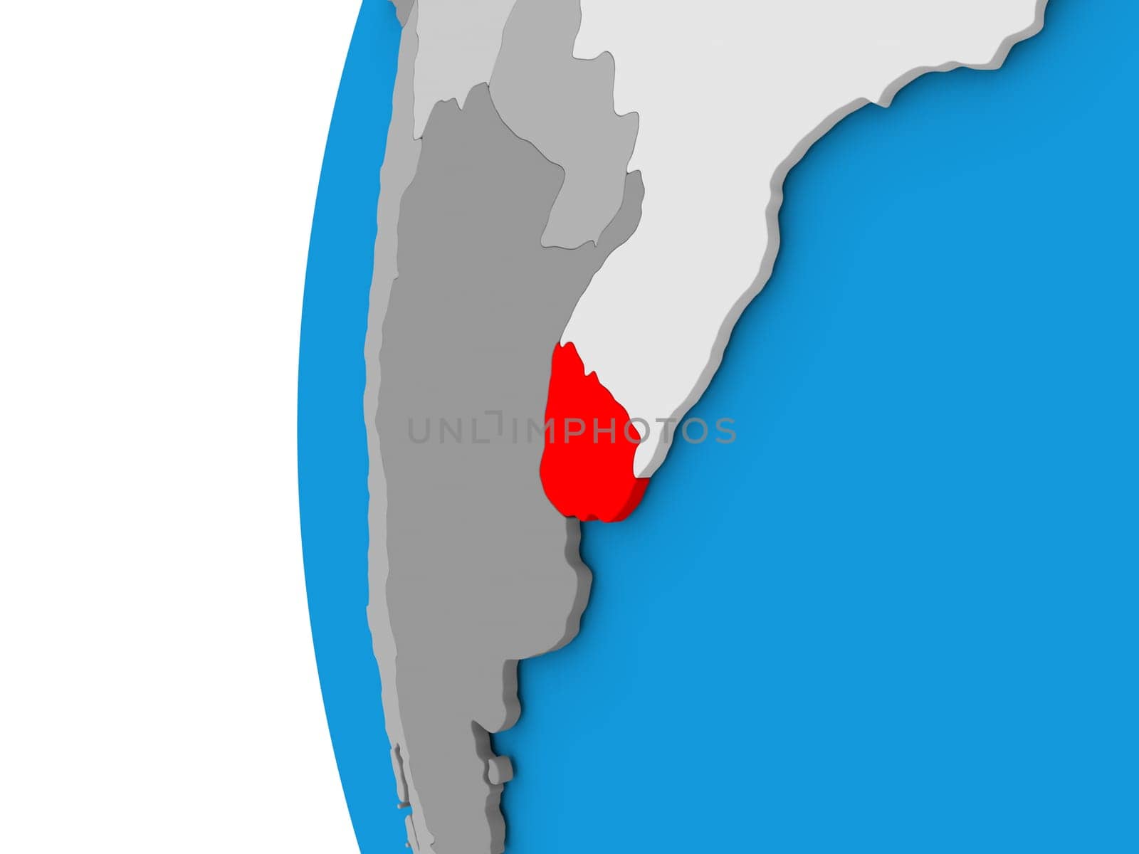3D map of Uruguay focused in red on simple globe. 3D illustration