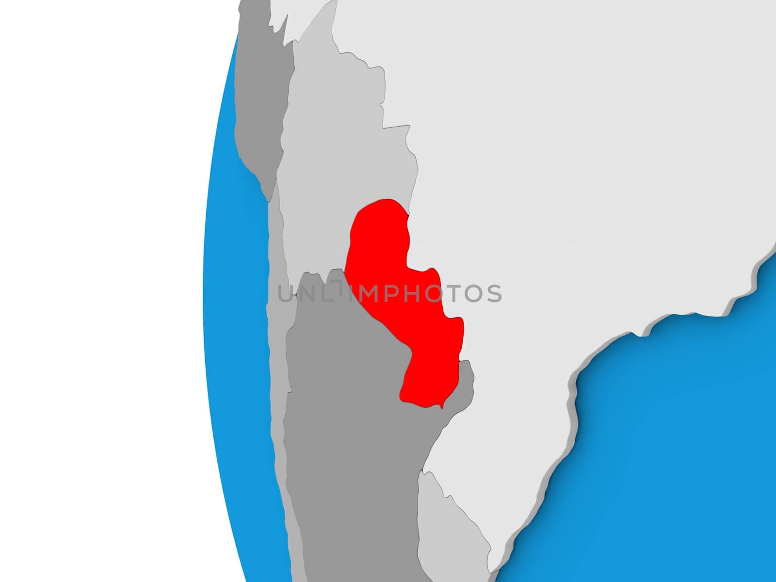 3D map of Paraguay focused in red on simple globe. 3D illustration