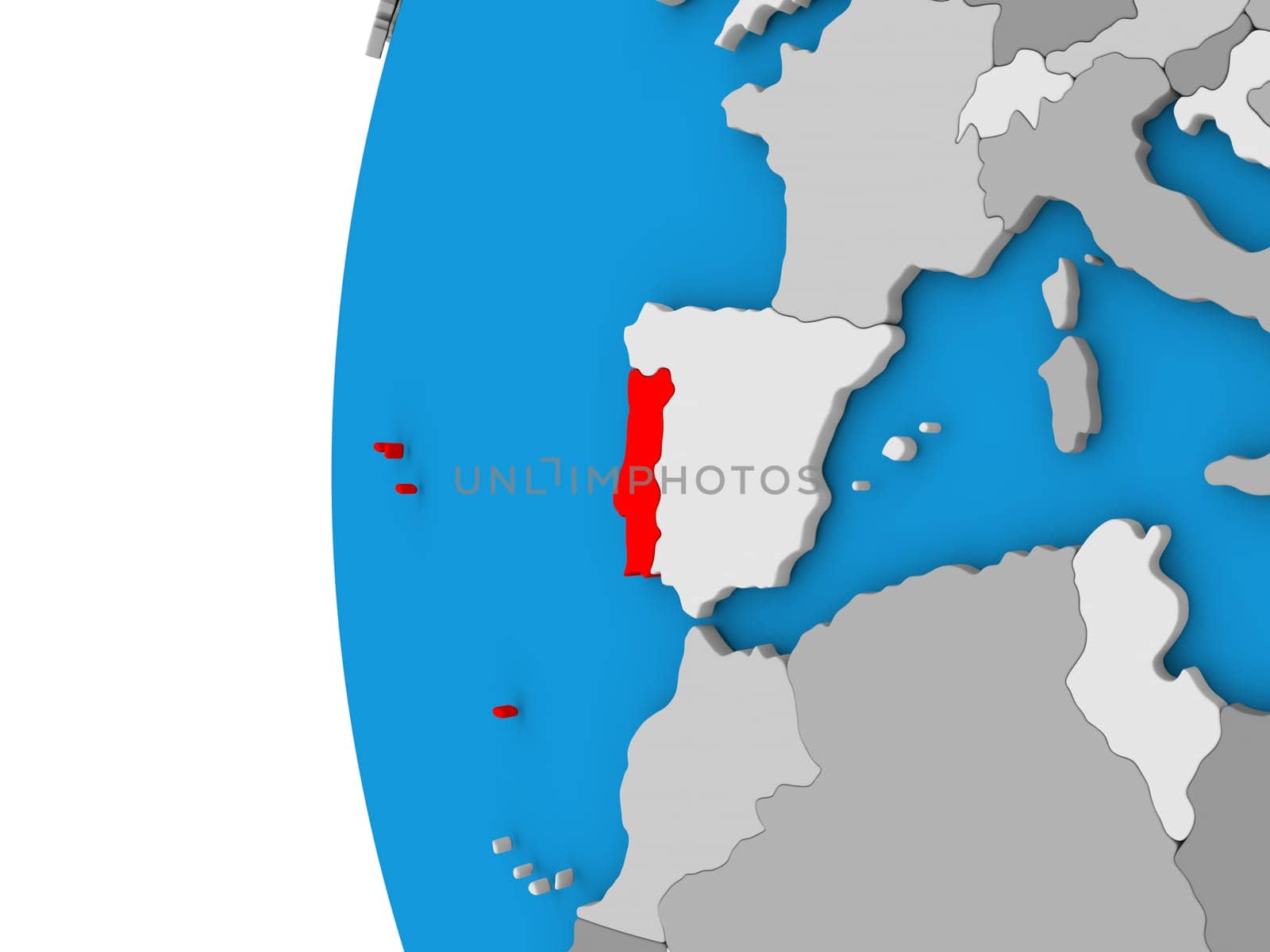 3D map of Portugal focused in red on simple globe. 3D illustration