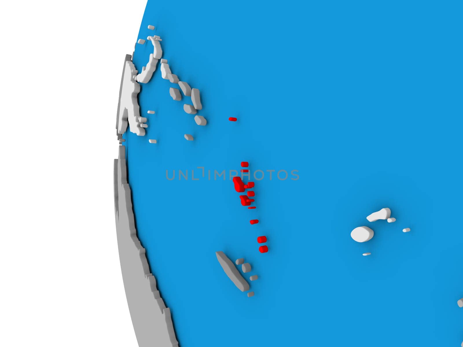 3D map of Vanuatu focused in red on simple globe. 3D illustration