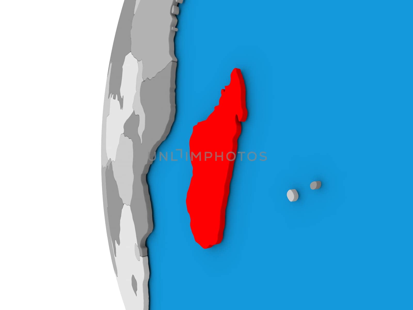 3D map of Madagascar focused in red on simple globe. 3D illustration