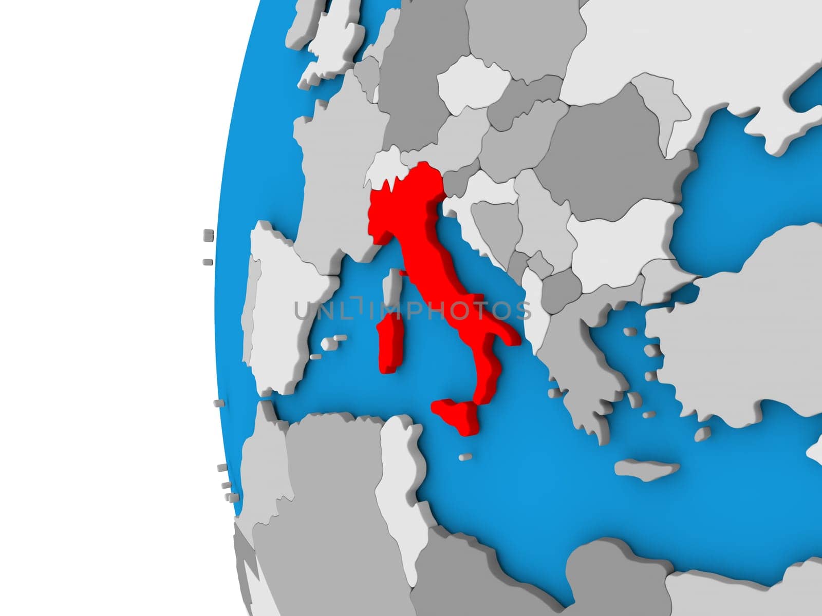 3D map of Italy focused in red on simple globe. 3D illustration