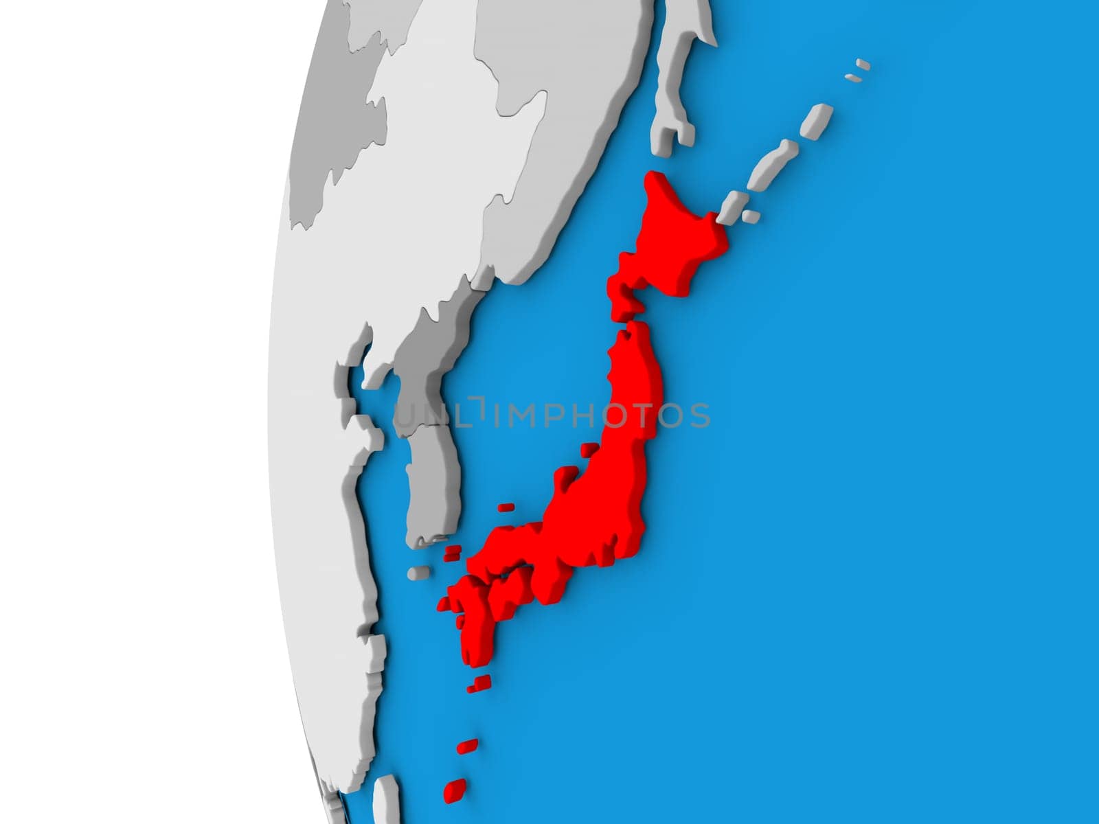 3D map of Japan focused in red on simple globe. 3D illustration