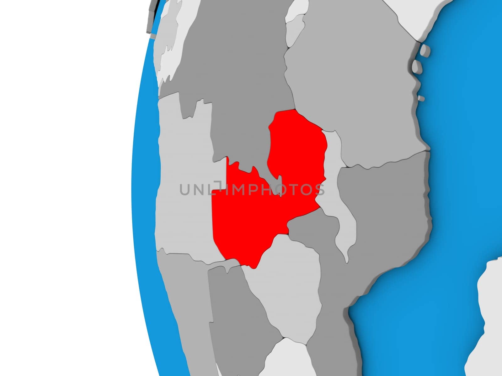 3D map of Zambia focused in red on simple globe. 3D illustration
