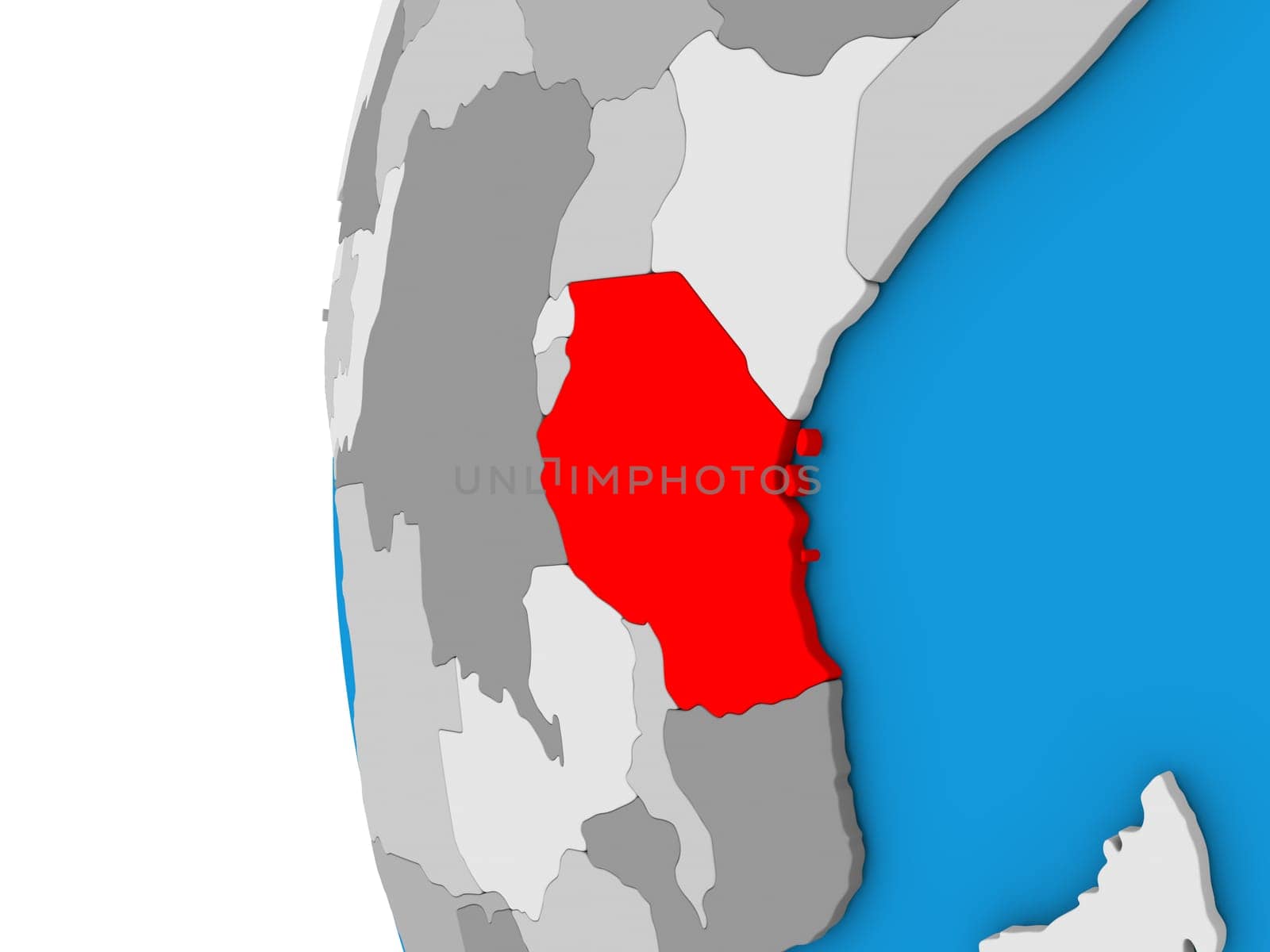 3D map of Tanzania focused in red on simple globe. 3D illustration