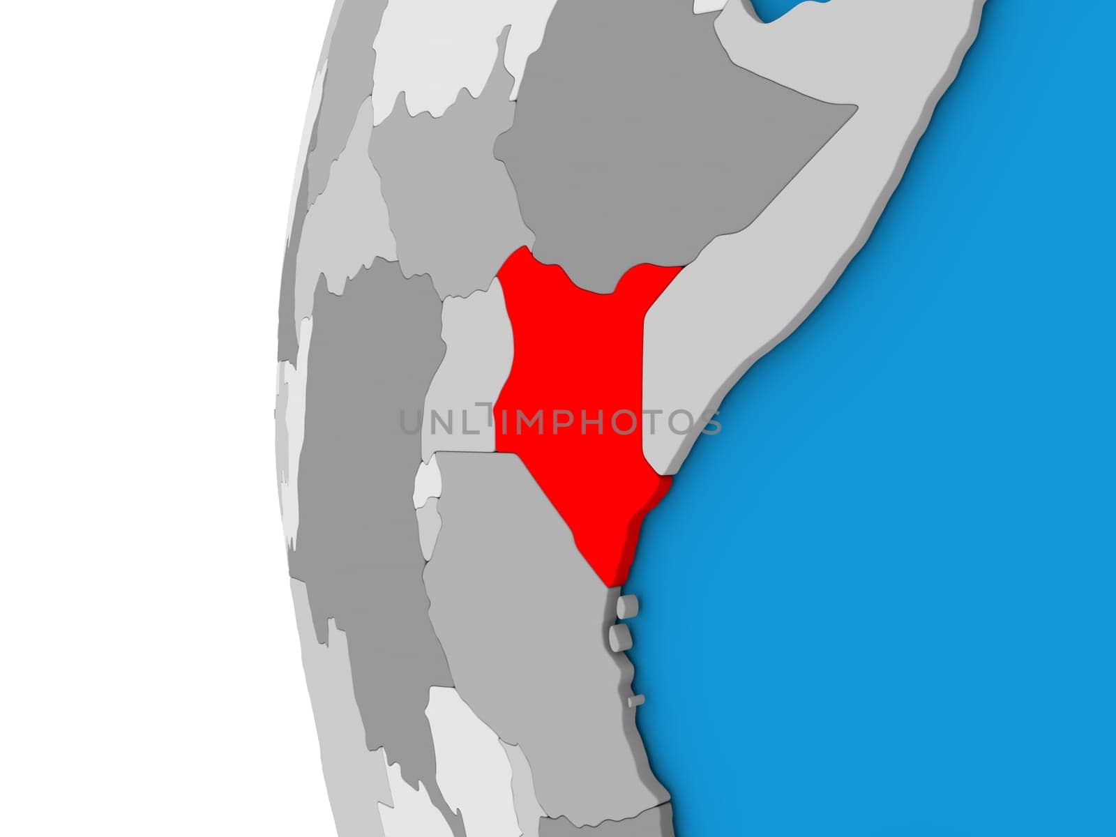 3D map of Kenya focused in red on simple globe. 3D illustration