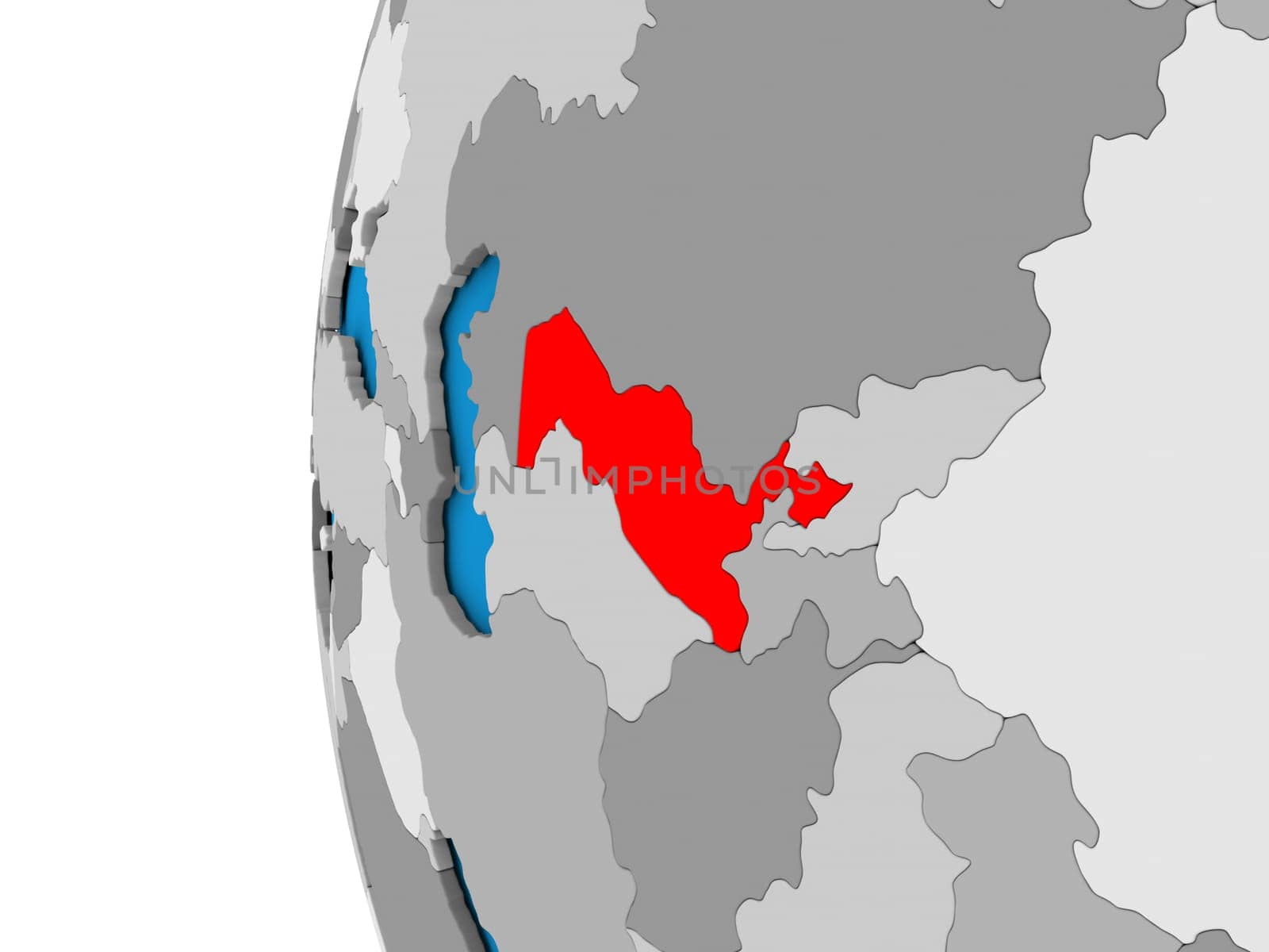 3D map of Uzbekistan focused in red on simple globe. 3D illustration
