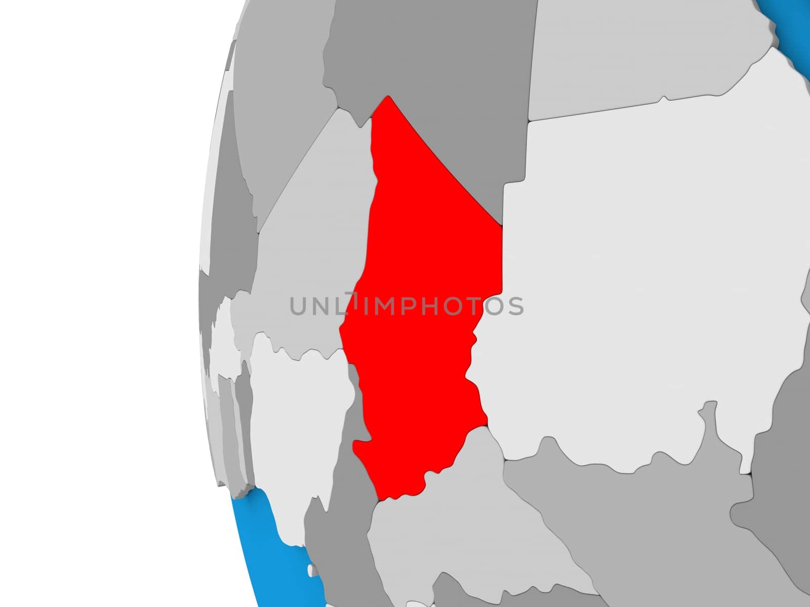 3D map of Chad focused in red on simple globe. 3D illustration