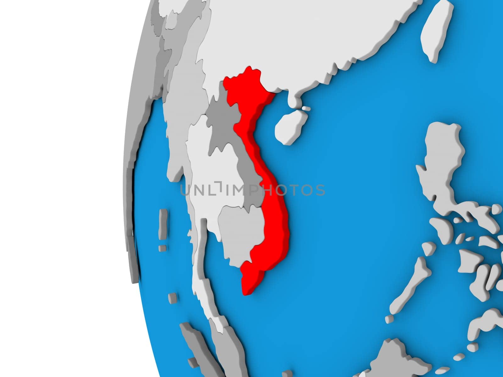 3D map of Vietnam focused in red on simple globe. 3D illustration