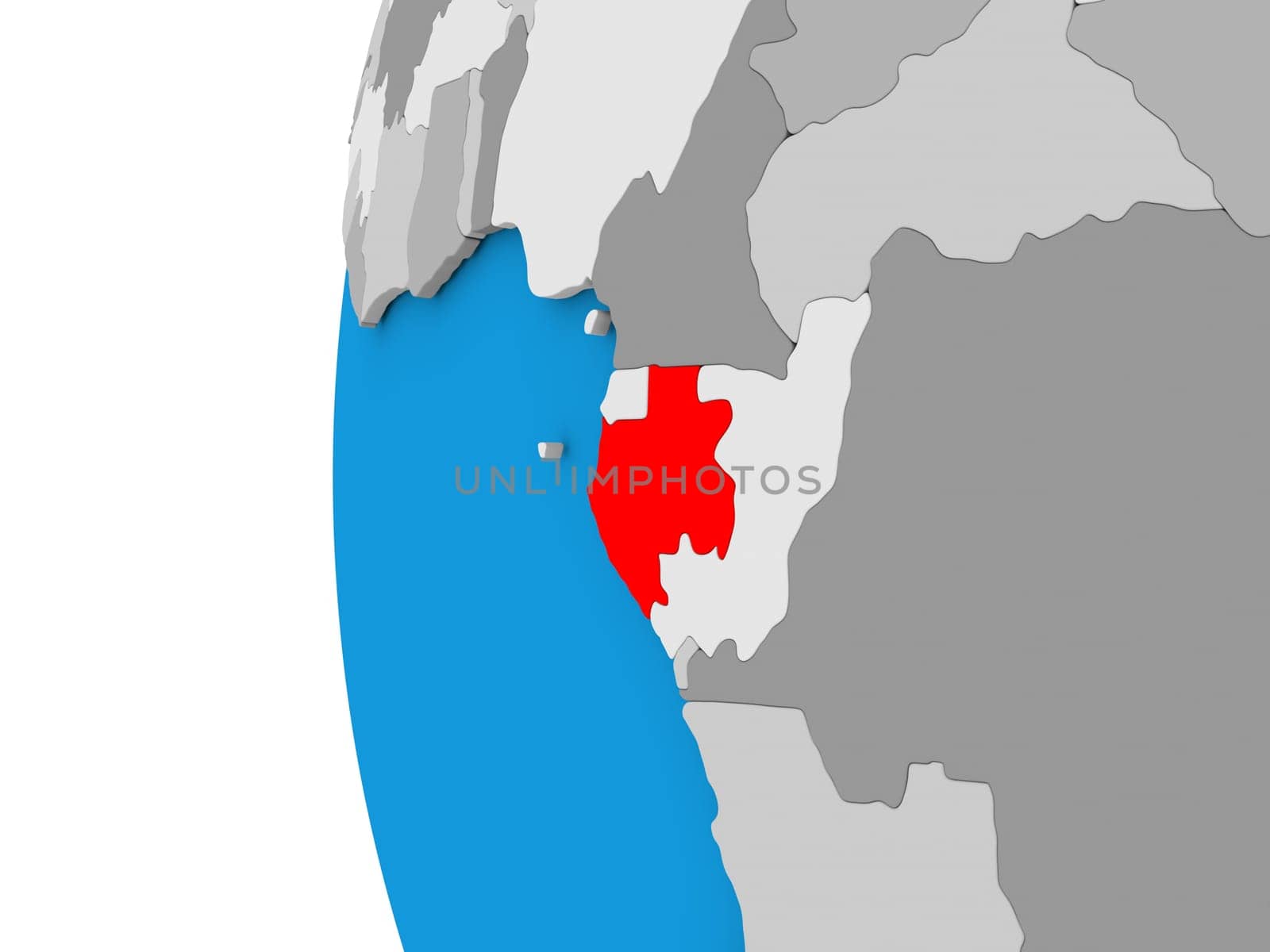 3D map of Gabon focused in red on simple globe. 3D illustration