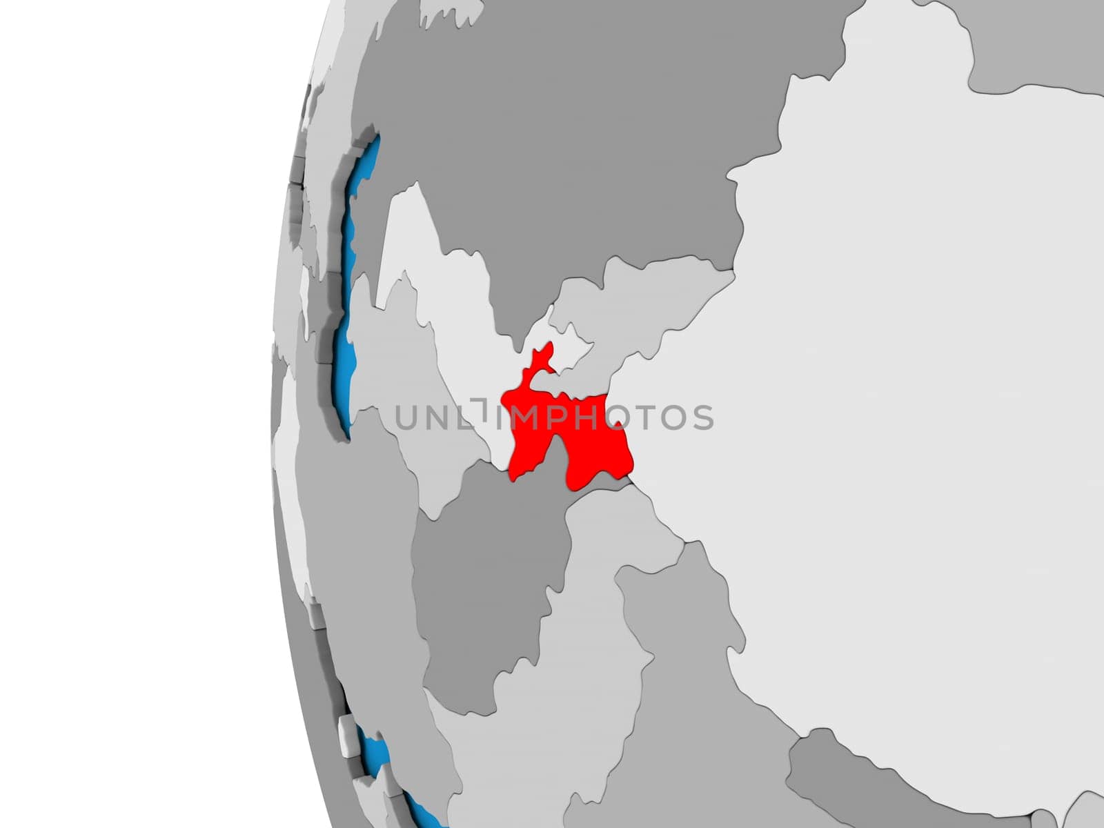 3D map of Tajikistan focused in red on simple globe. 3D illustration