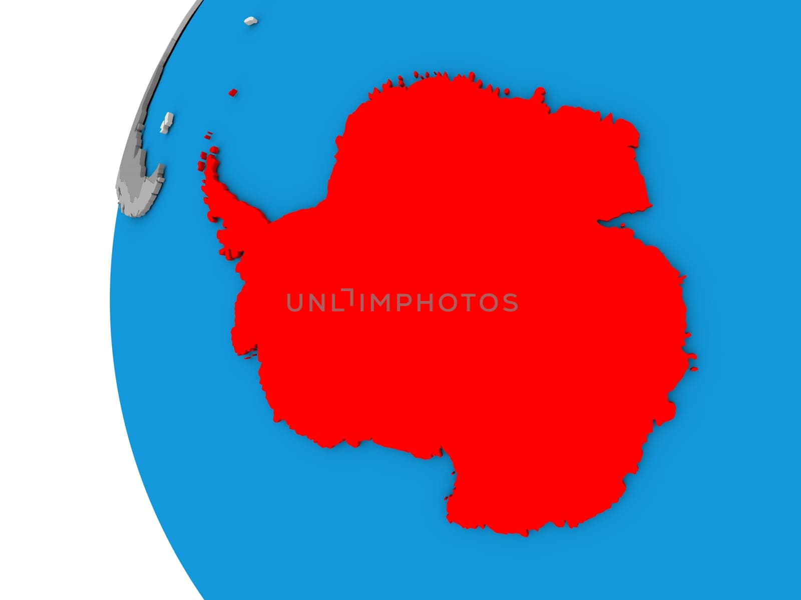 3D map of Antarctica focused in red on simple globe. 3D illustration