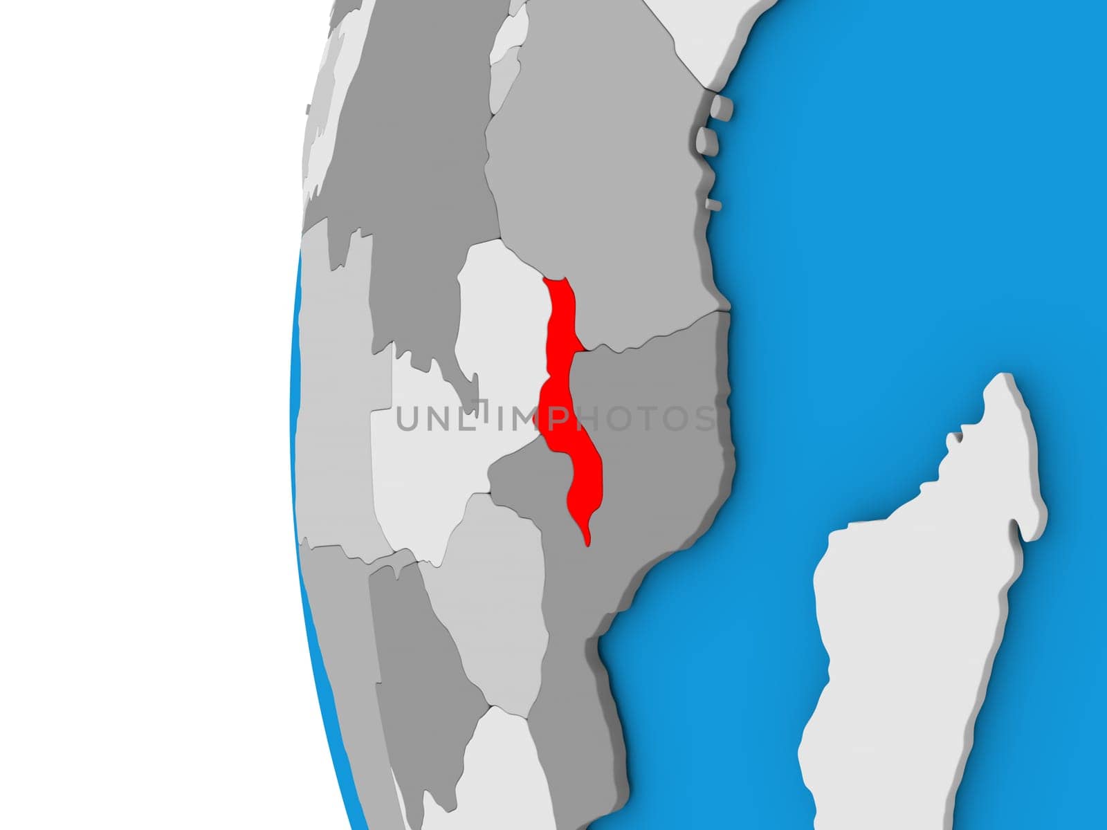 3D map of Malawi focused in red on simple globe. 3D illustration