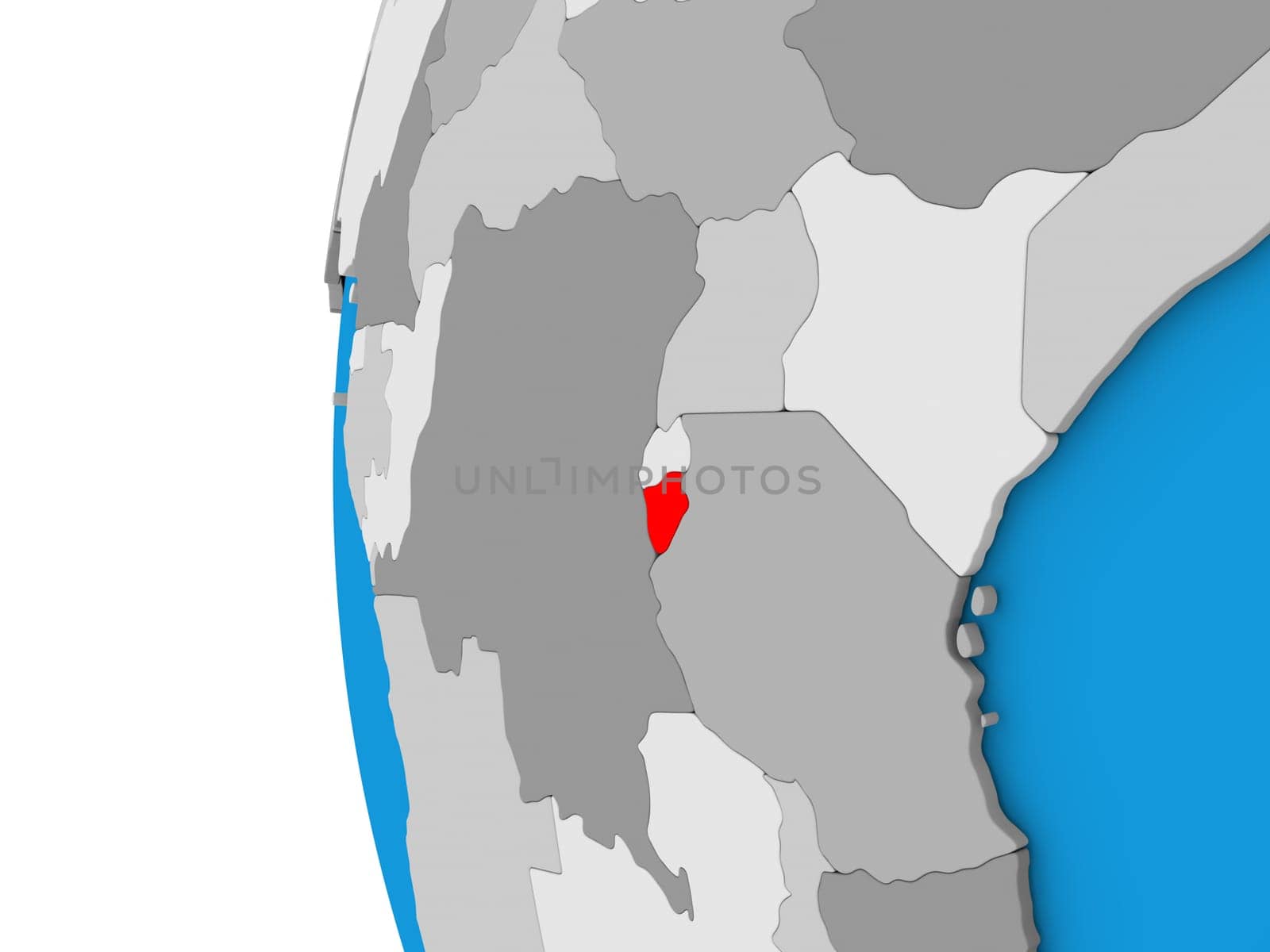 3D map of Burundi focused in red on simple globe. 3D illustration