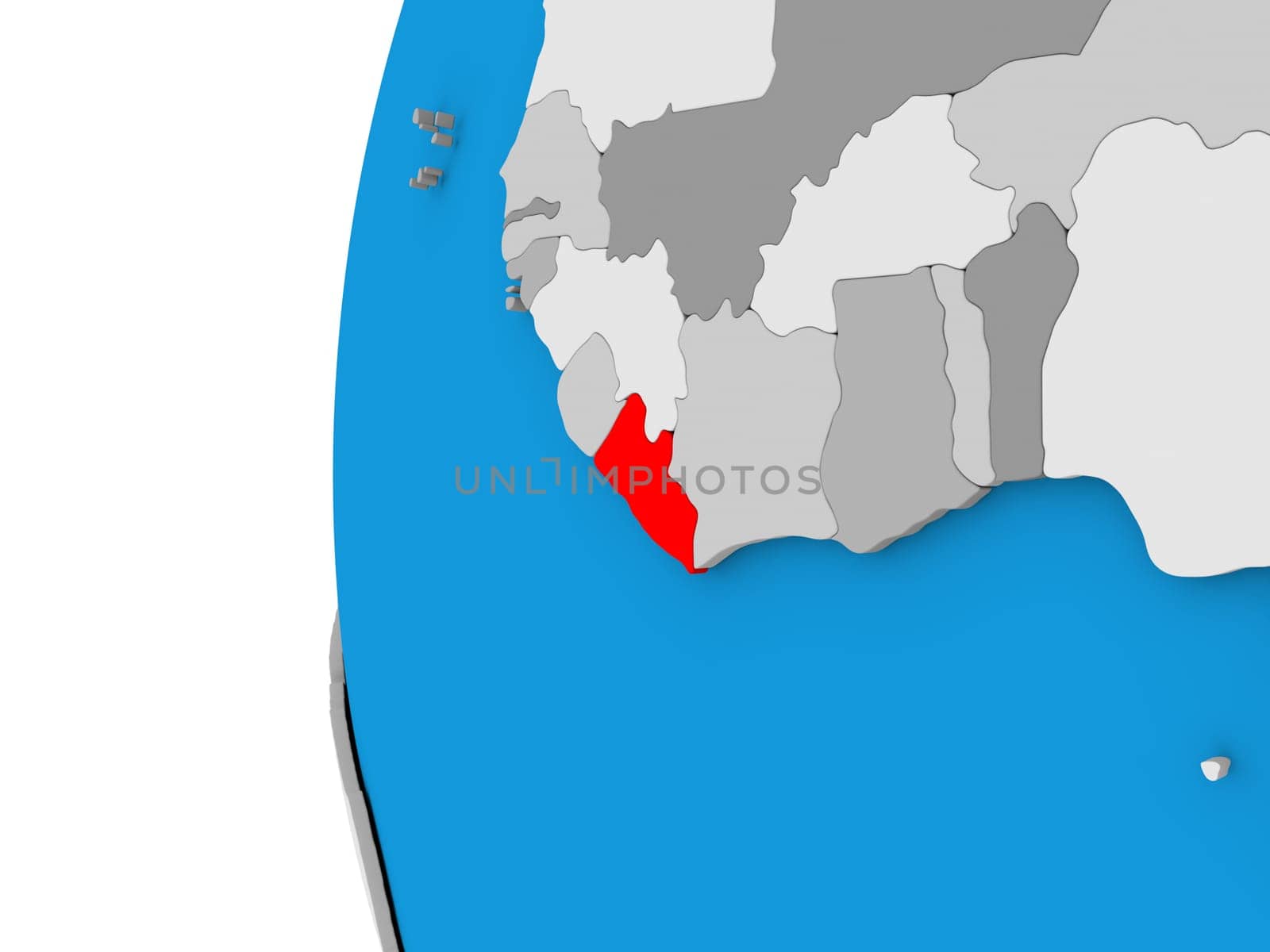 3D map of Liberia focused in red on simple globe. 3D illustration