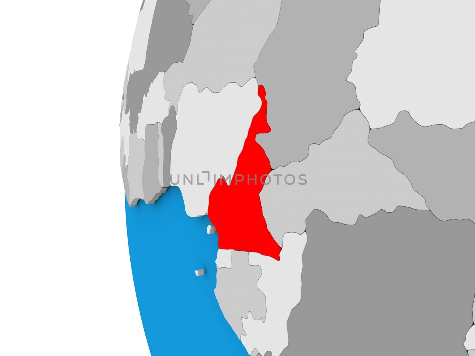3D map of Cameroon focused in red on simple globe. 3D illustration