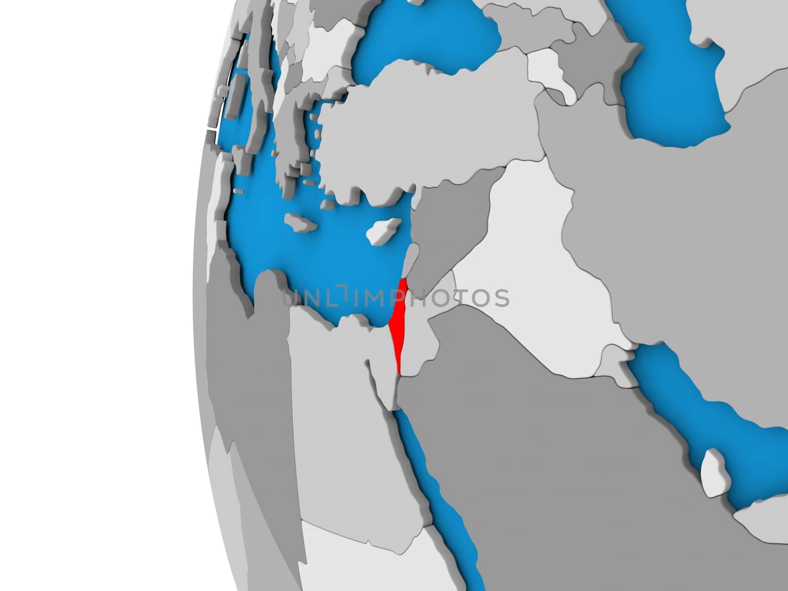 3D map of Israel focused in red on simple globe. 3D illustration