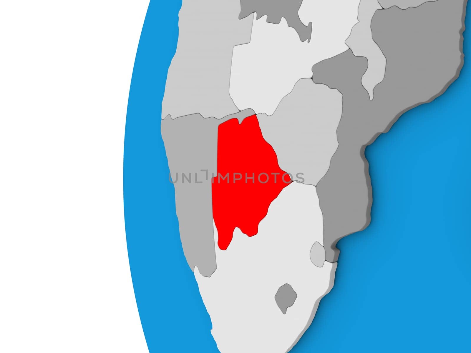 3D map of Botswana focused in red on simple globe. 3D illustration