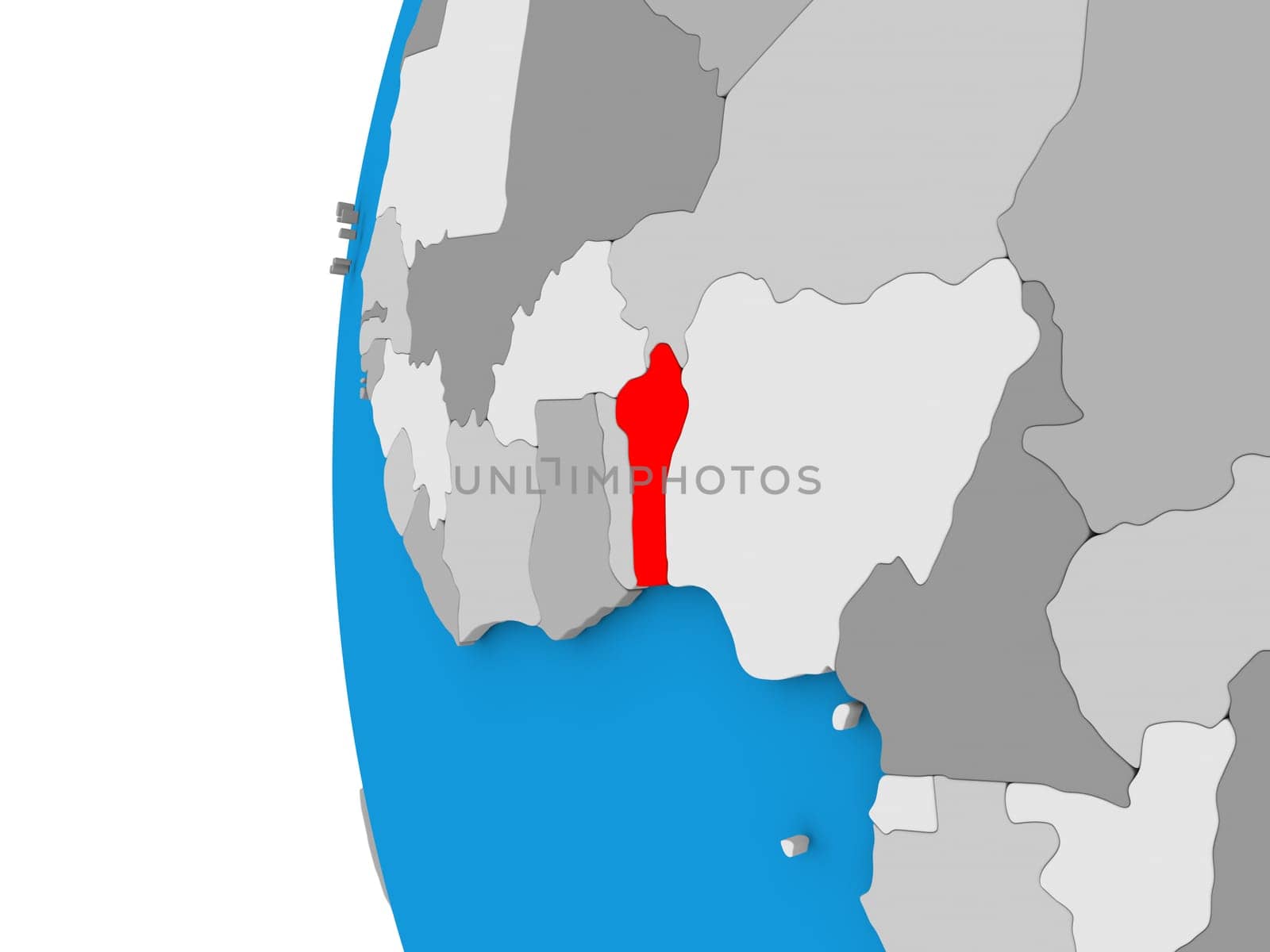 3D map of Benin focused in red on simple globe. 3D illustration