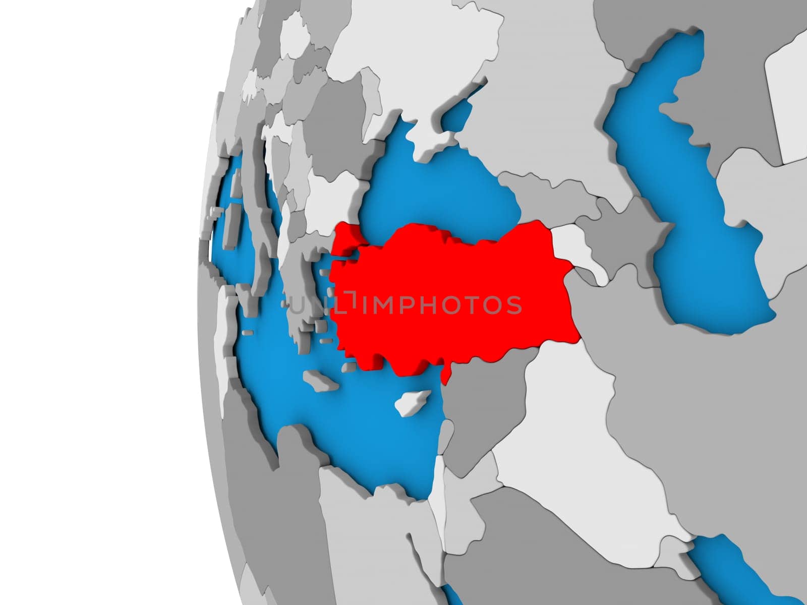 3D map of Turkey focused in red on simple globe. 3D illustration