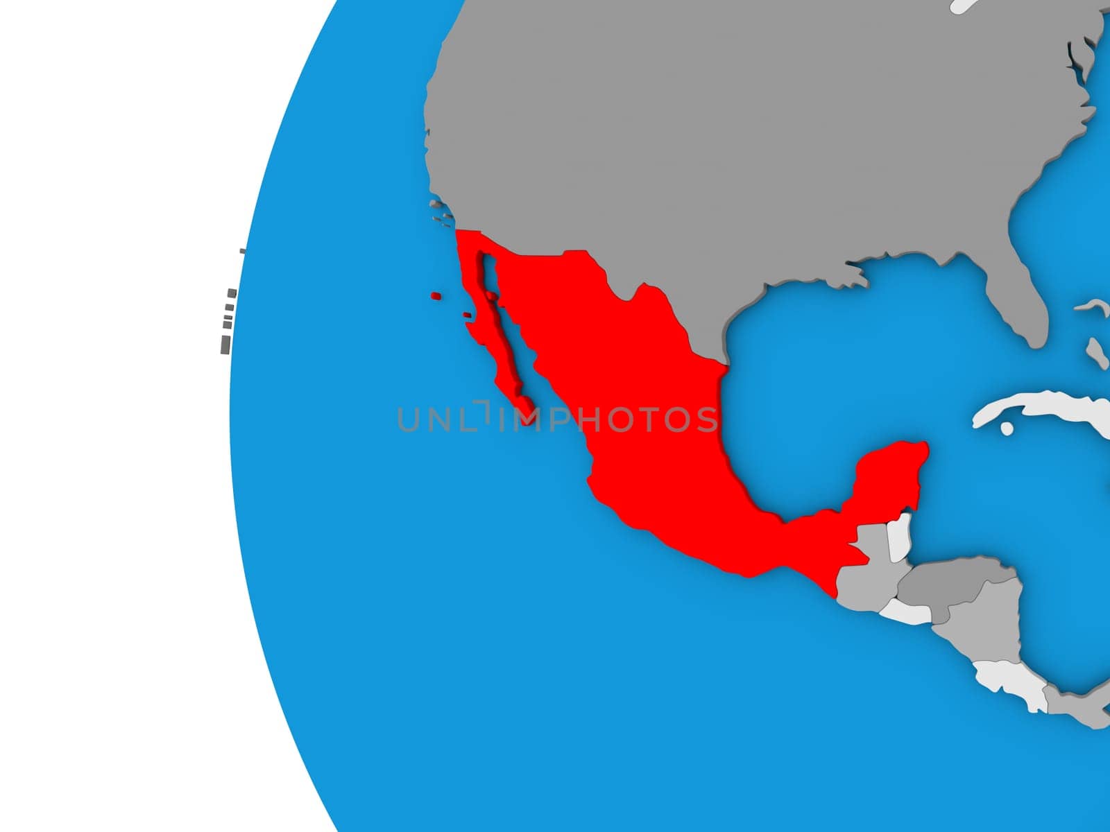 3D map of Mexico focused in red on simple globe. 3D illustration