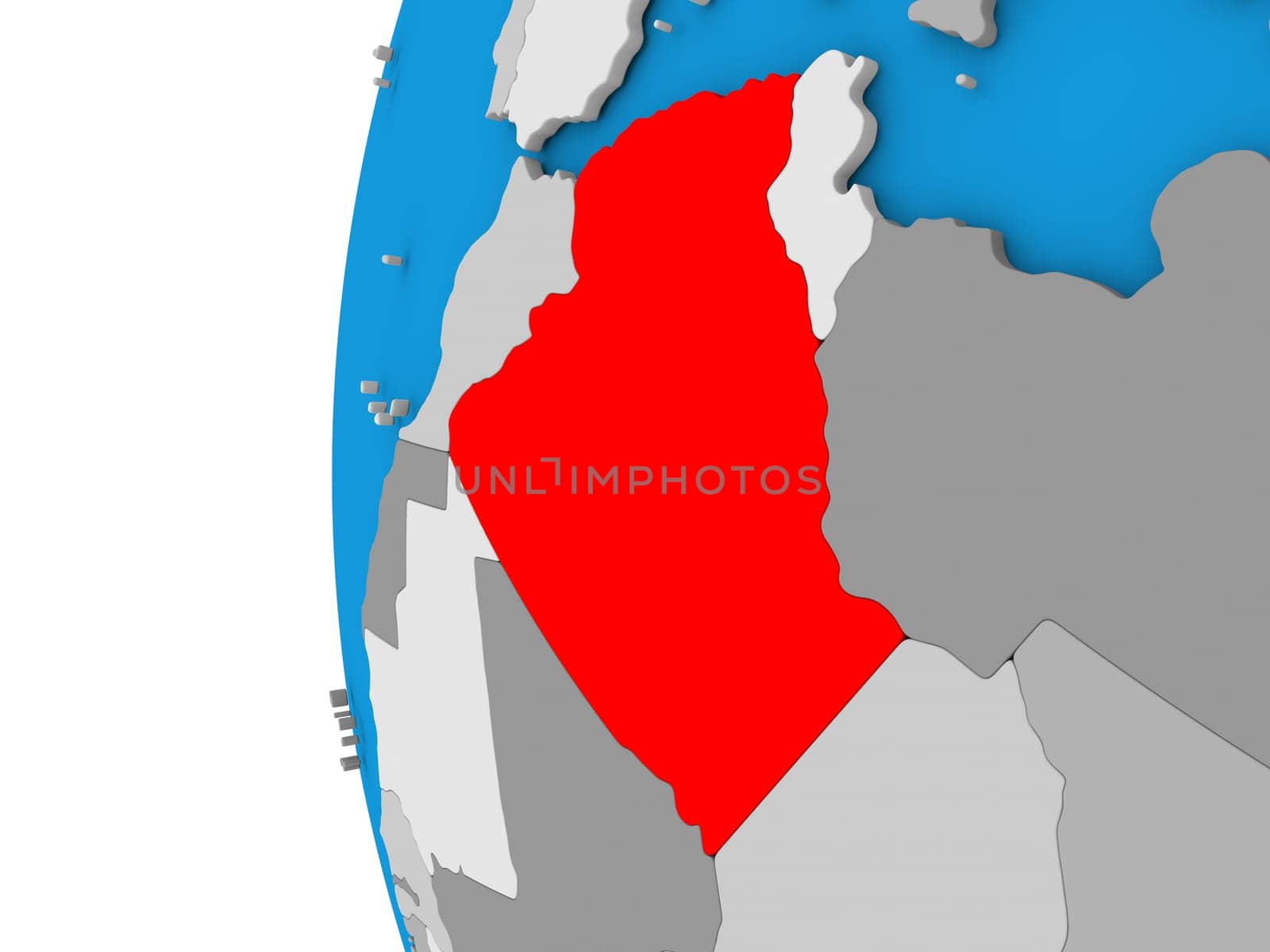 3D map of Algeria focused in red on simple globe. 3D illustration
