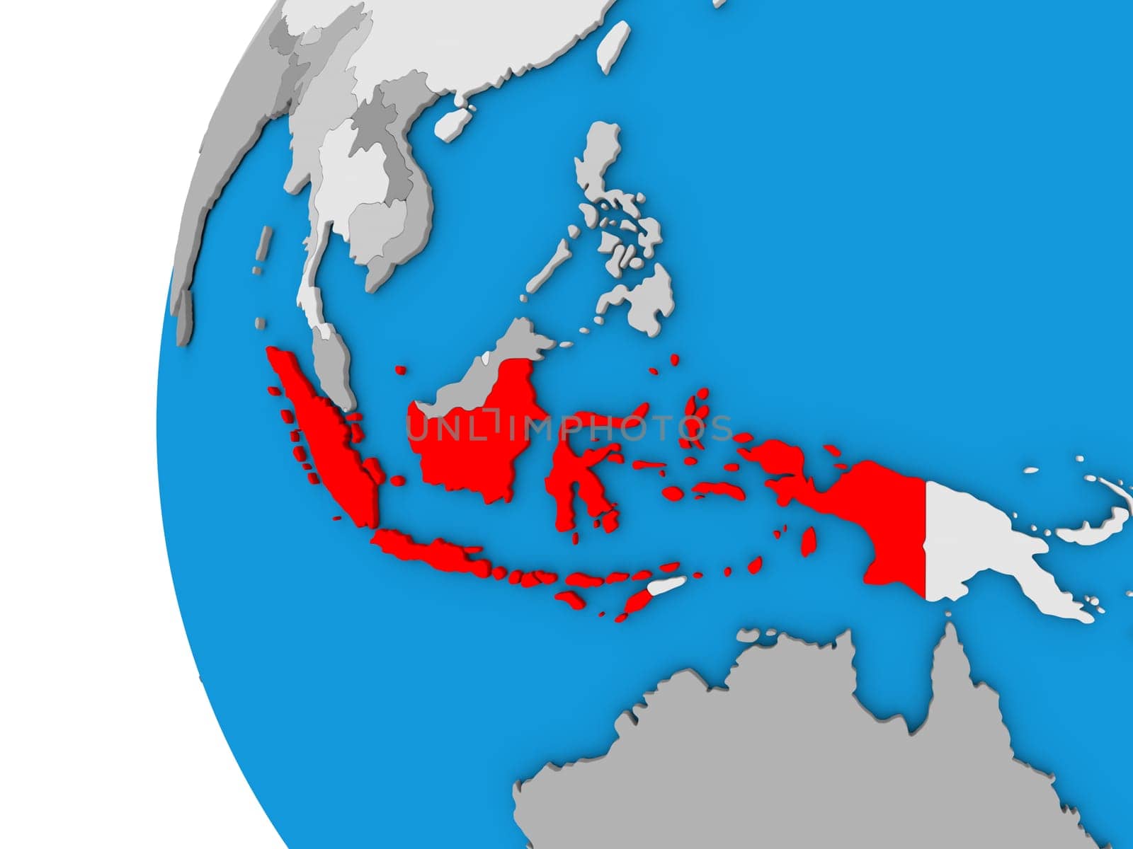 3D map of Indonesia focused in red on simple globe. 3D illustration