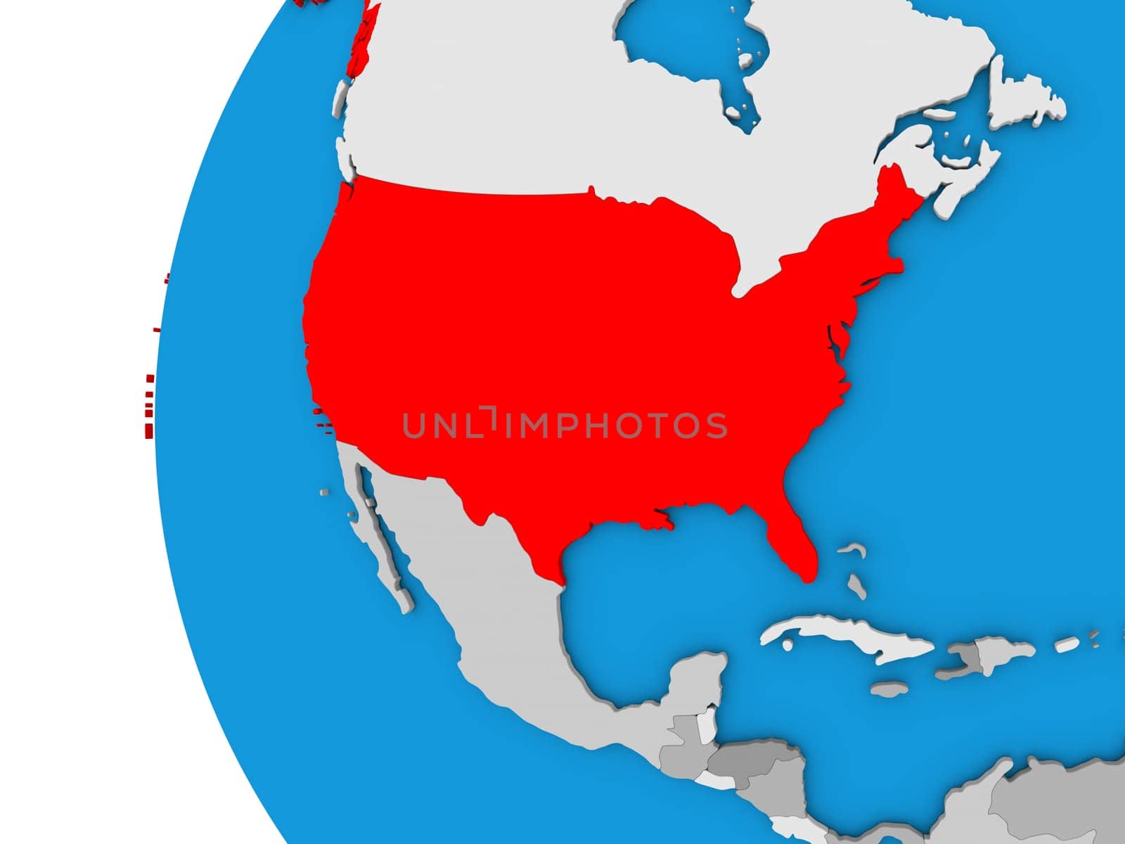 3D map of USA focused in red on simple globe. 3D illustration
