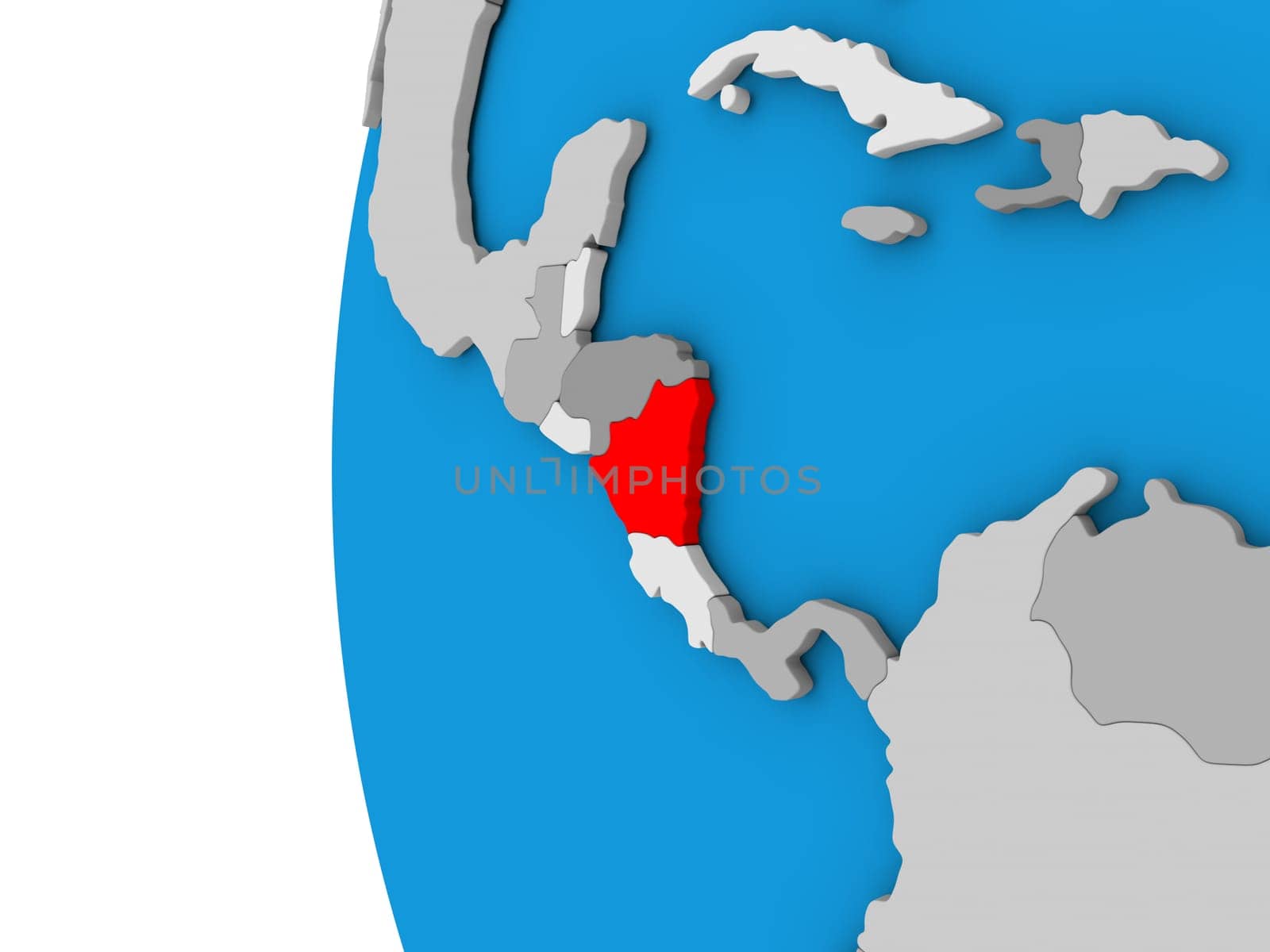 3D map of Nicaragua focused in red on simple globe. 3D illustration