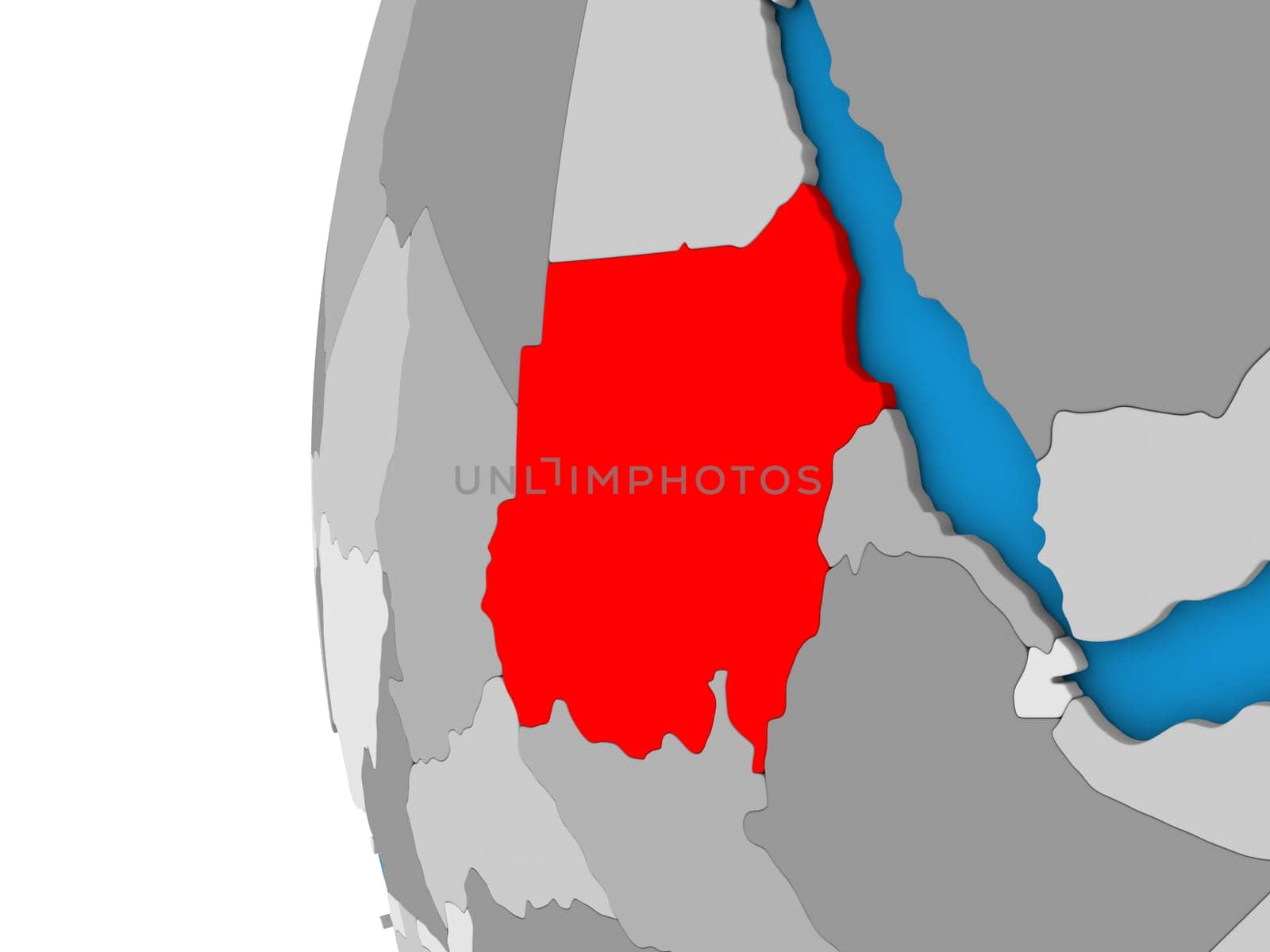 3D map of Sudan focused in red on simple globe. 3D illustration