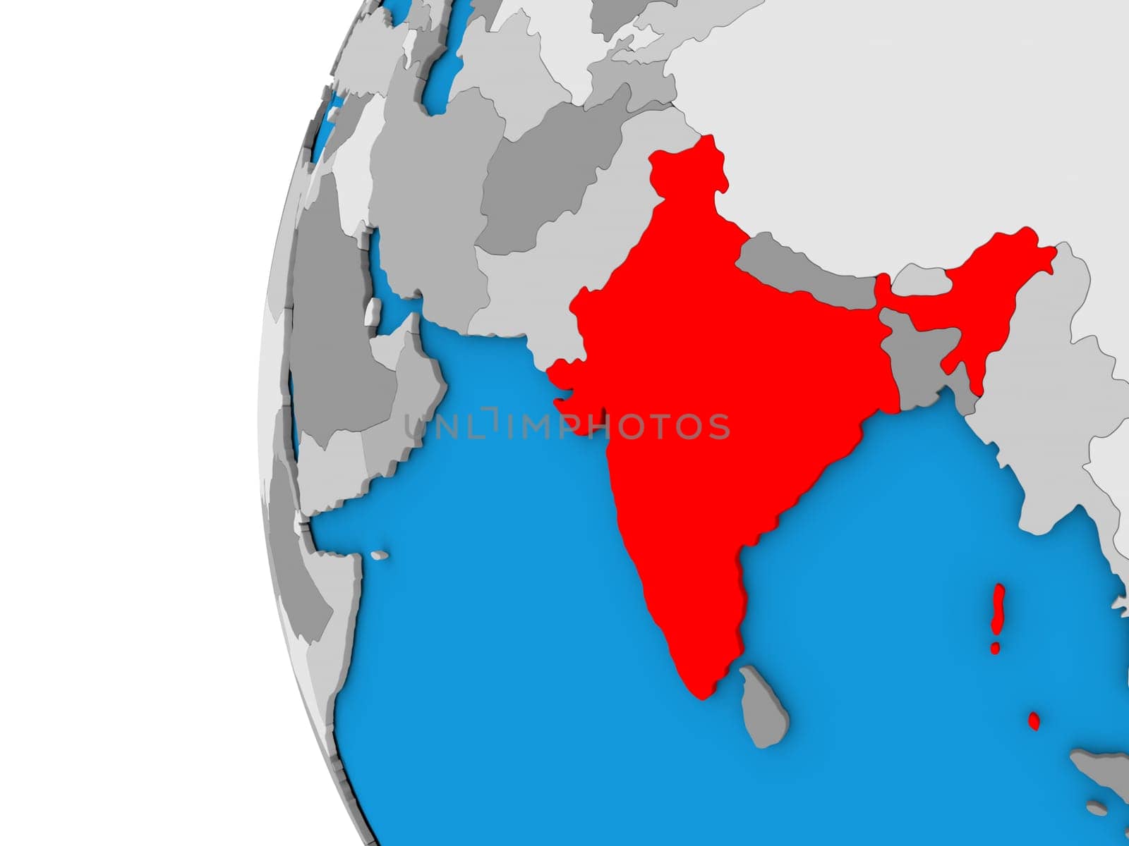 3D map of India focused in red on simple globe. 3D illustration