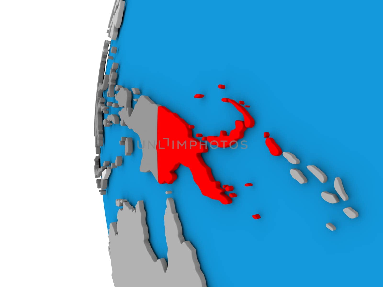 3D map of Papua New Guinea focused in red on simple globe. 3D illustration