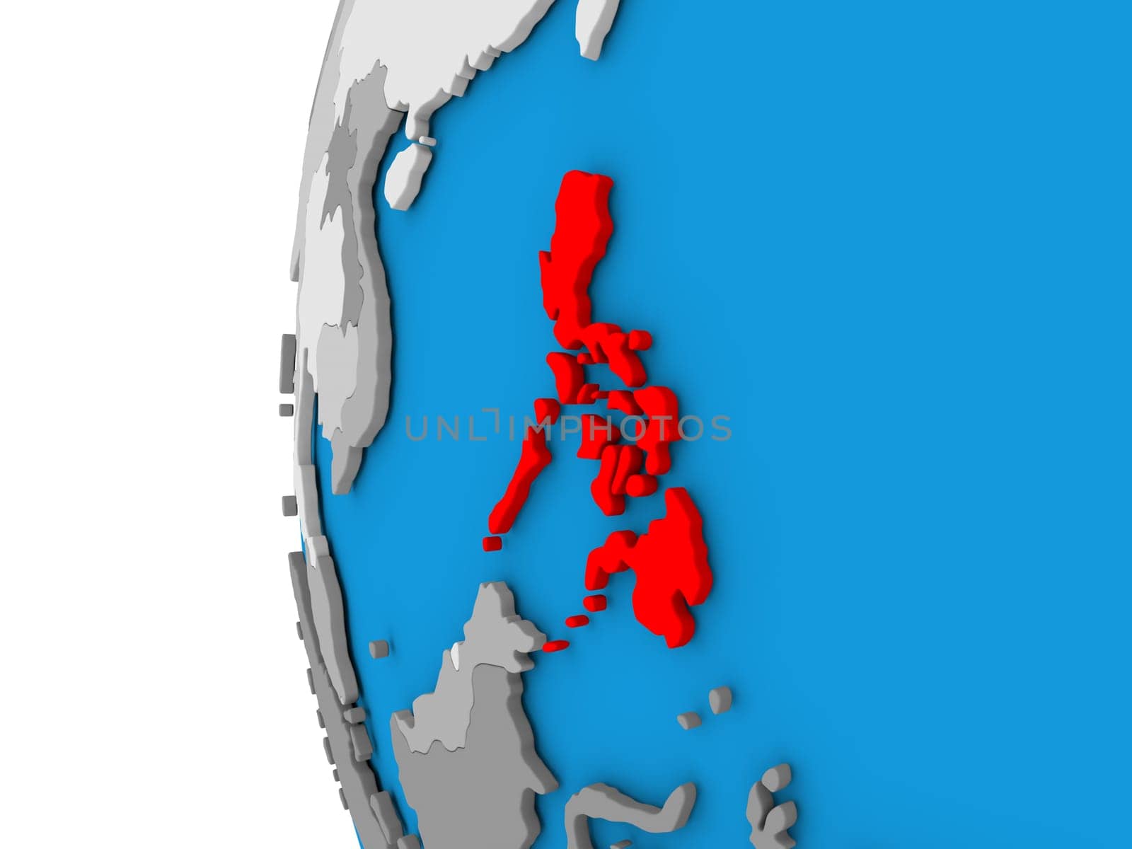 3D map of Philippines focused in red on simple globe. 3D illustration