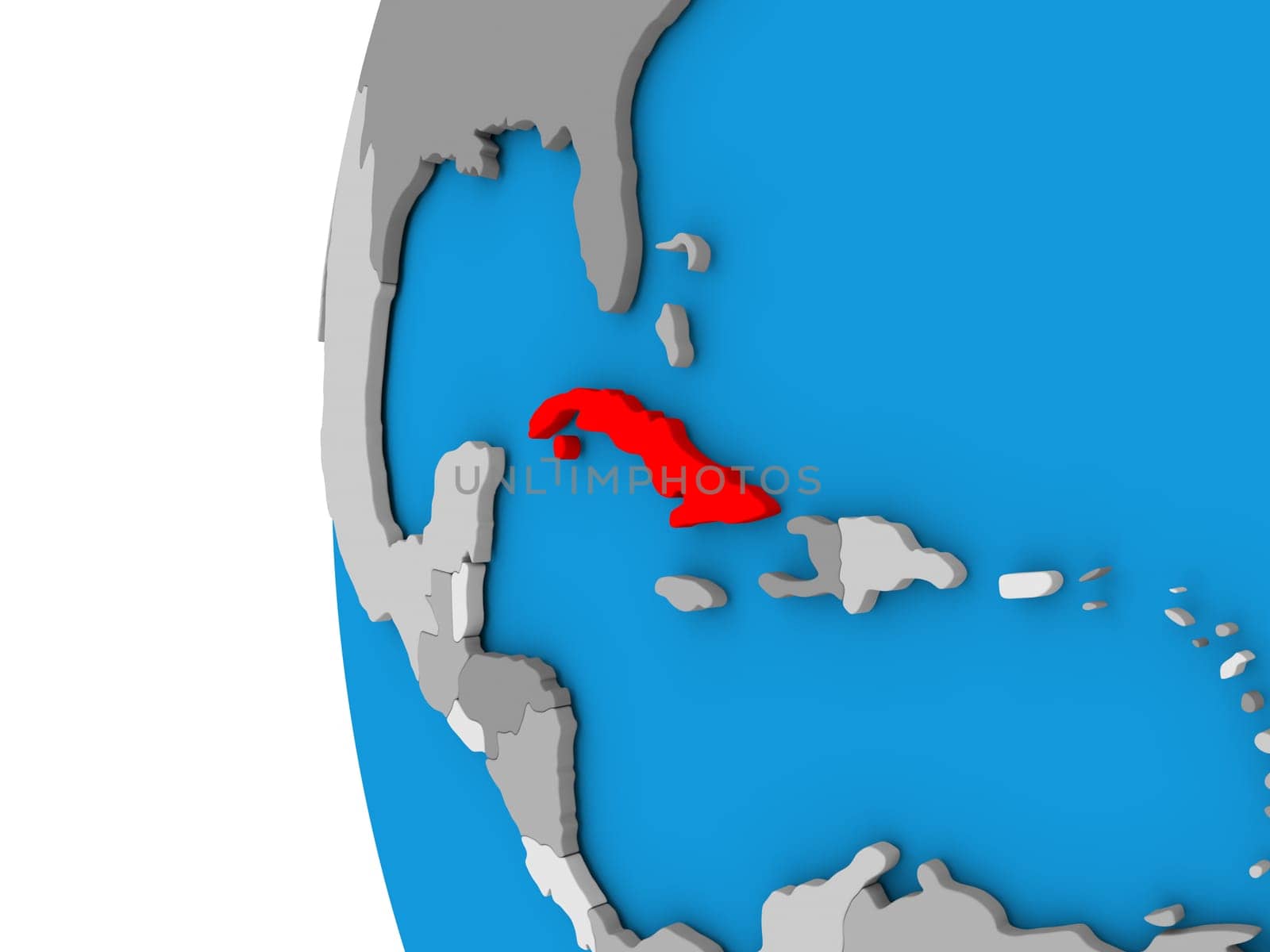 3D map of Cuba focused in red on simple globe. 3D illustration