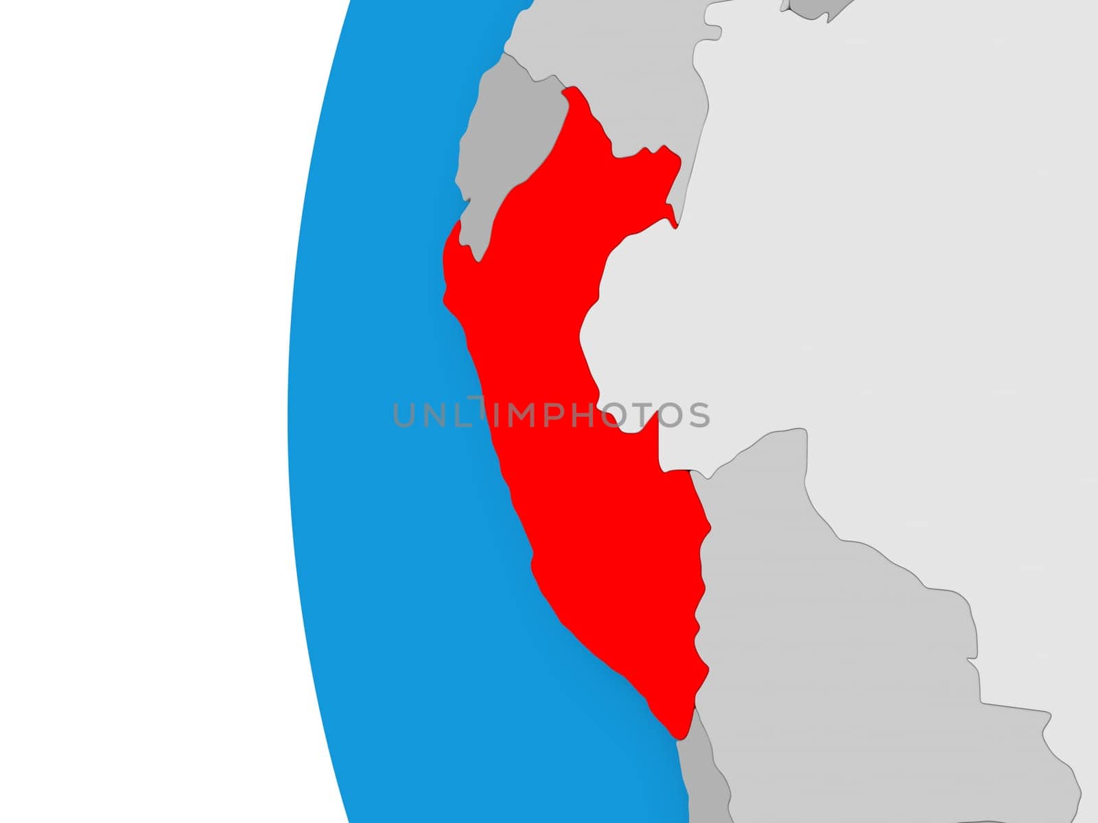 3D map of Peru focused in red on simple globe. 3D illustration