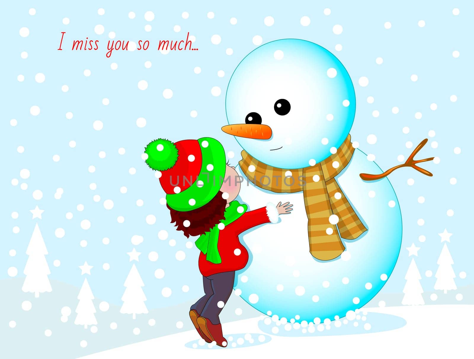 Little girl and snowman. Baby hugging a snowman.