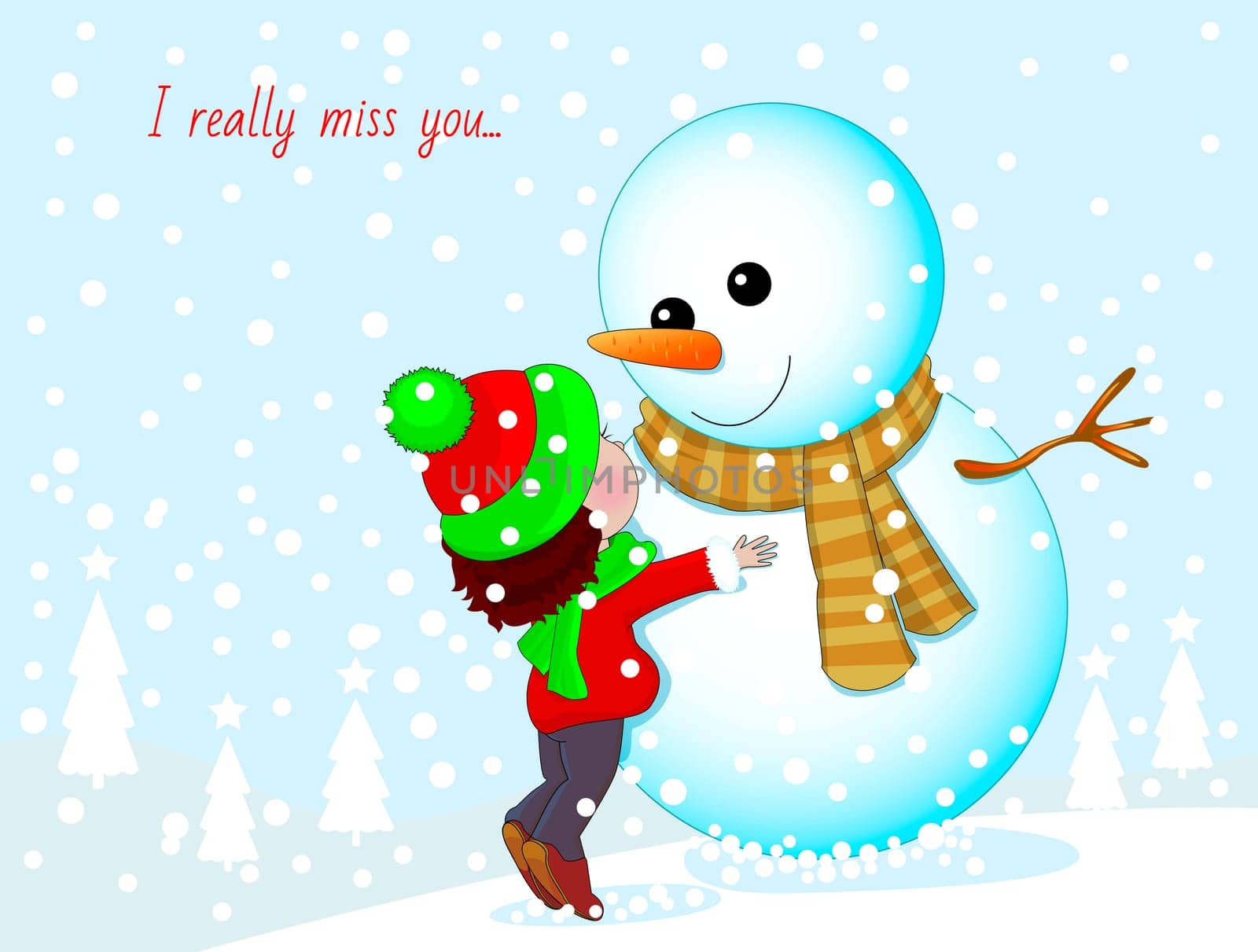 Little girl and snowman. Baby hugging a snowman.